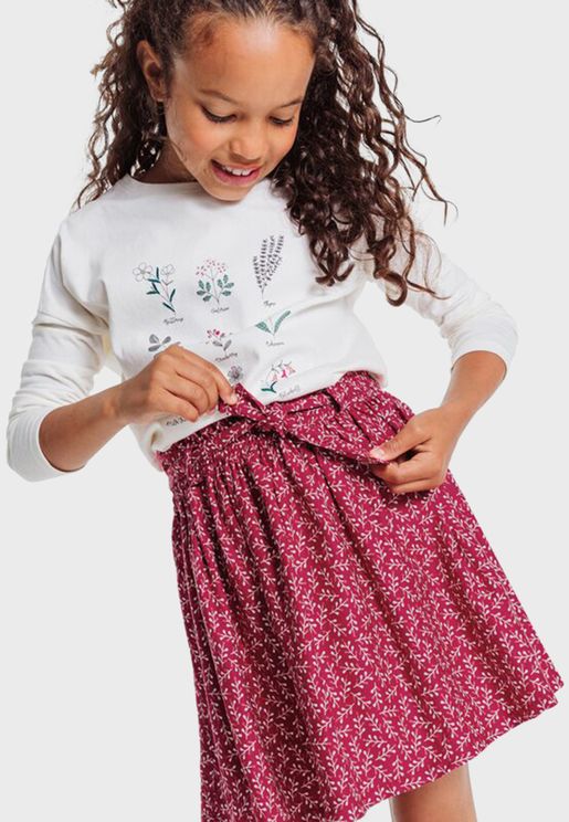 Kids Leaf Print Tie Waist Skirt