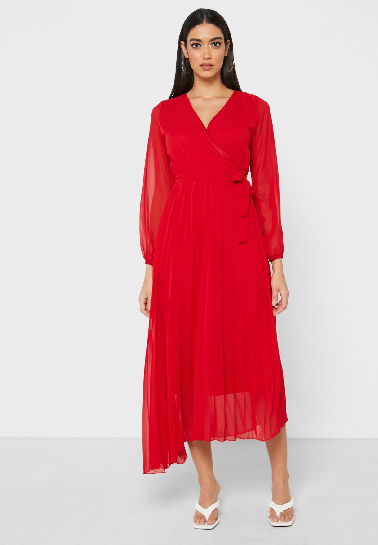 red wrap front dress