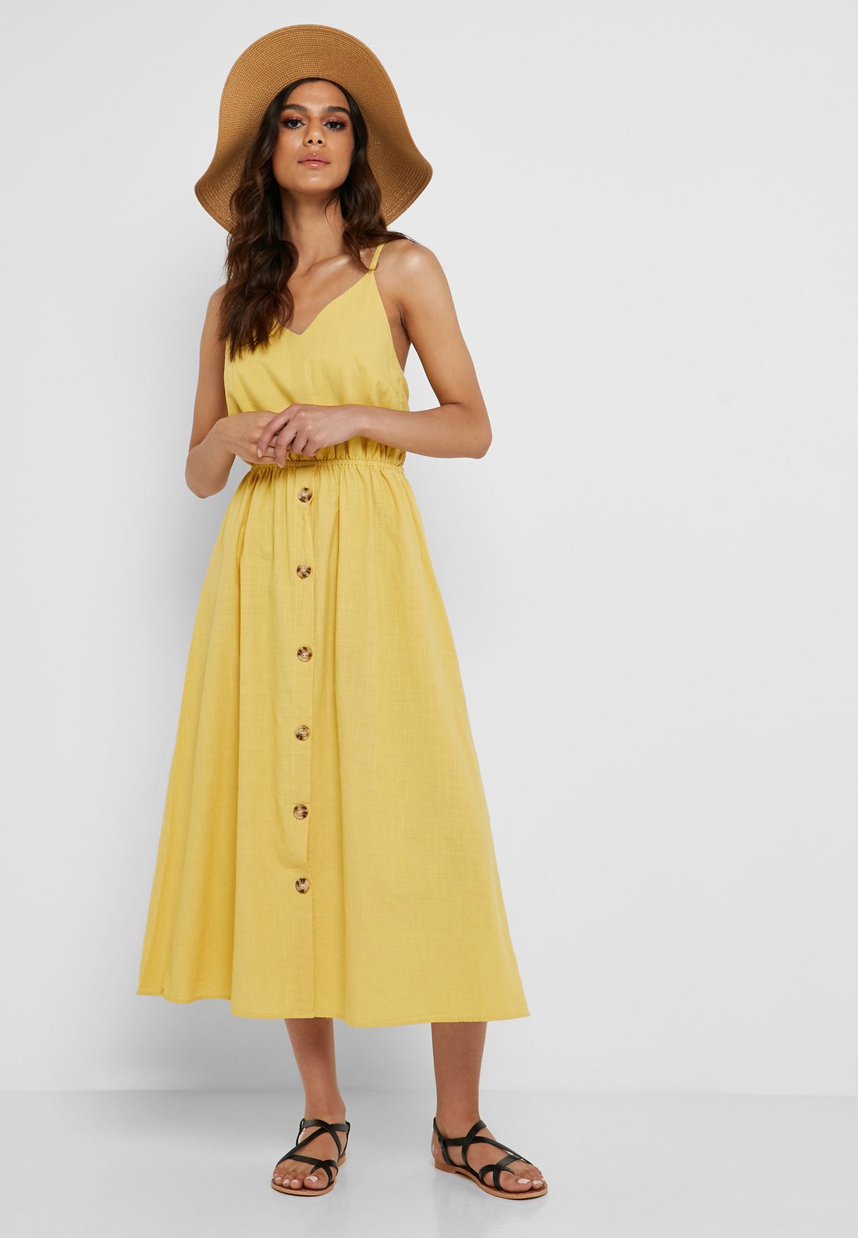 yellow button down midi dress