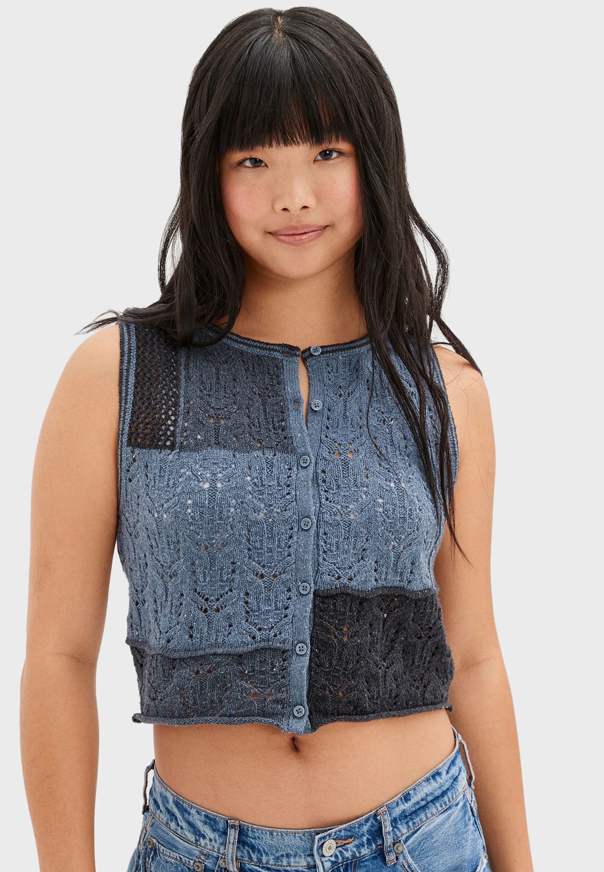 Buy American Eagle blue Knitted Color Block Cardigan for Women in