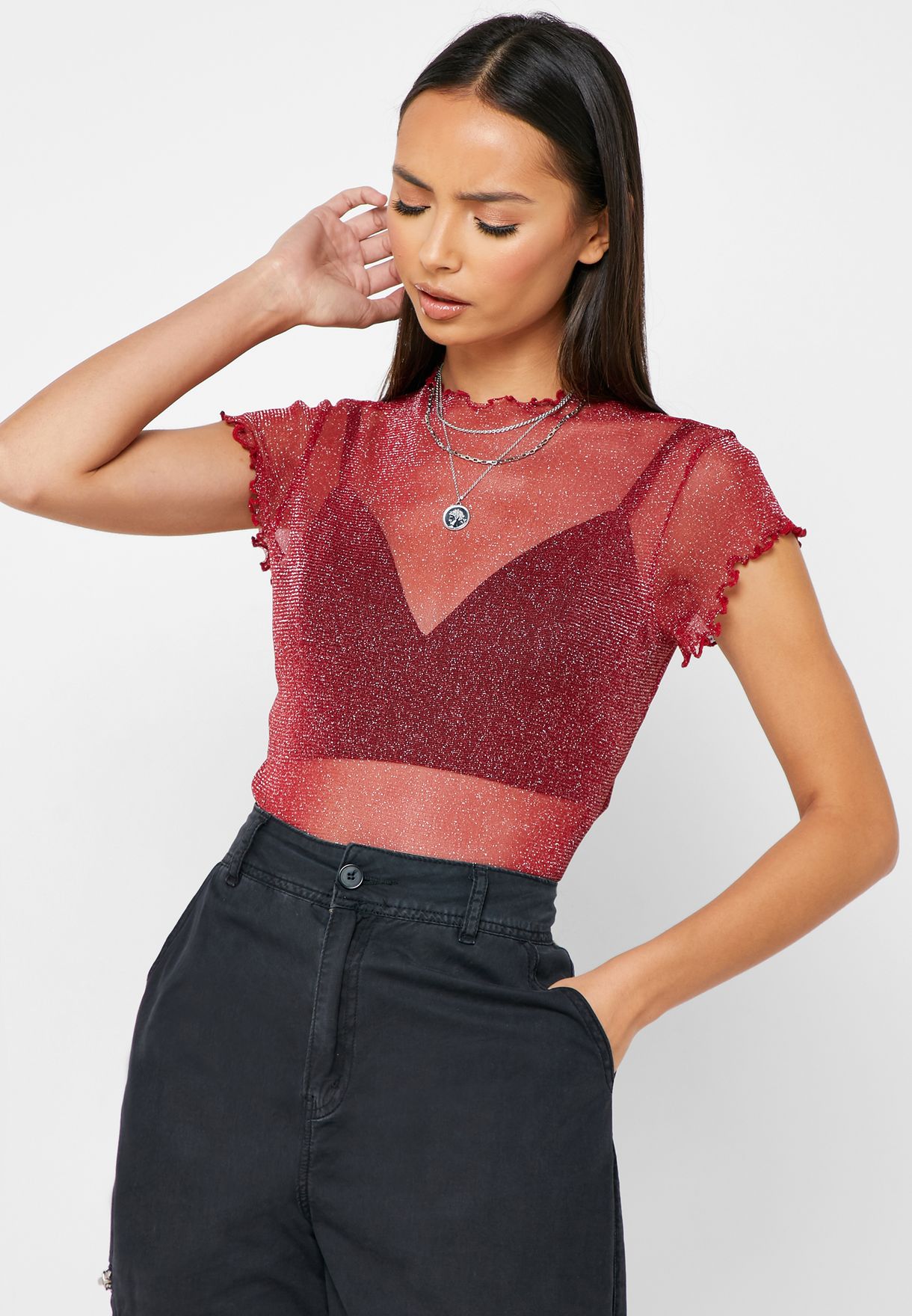 red Flute Sleeve Mesh Top for Women 