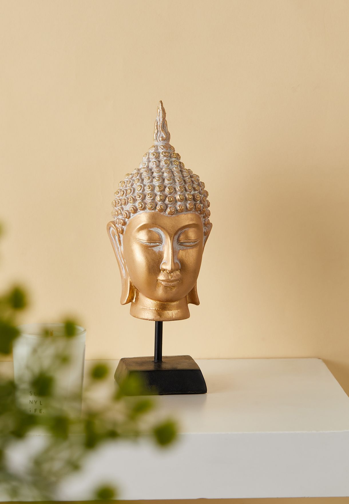 Gold Resin Buddha Head Ornament On Stand