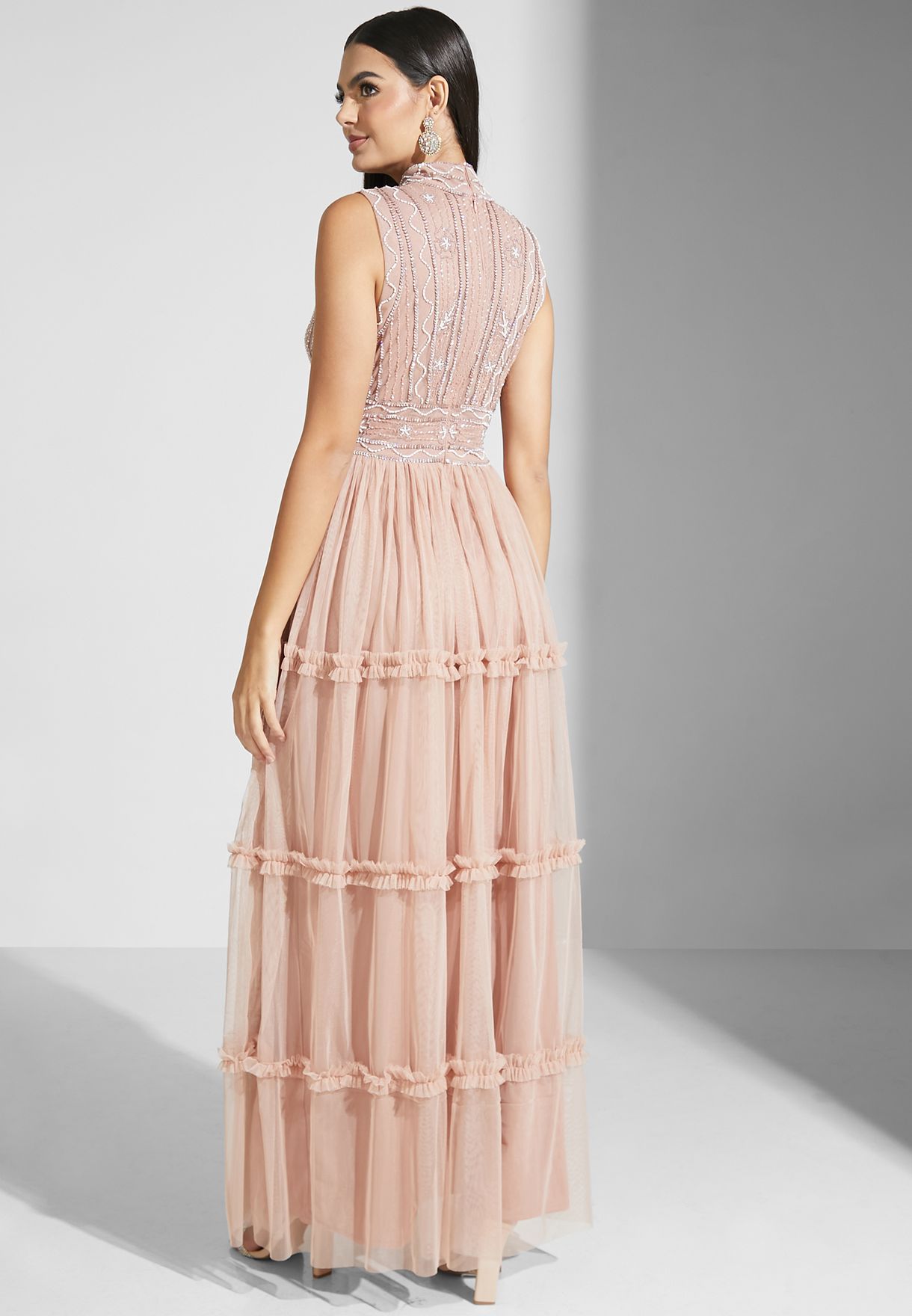 High Neck Embellished Dress With Tier Detail