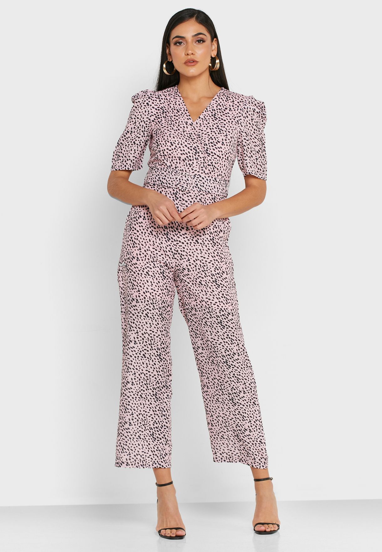 Printed Belted Puff Sleeve Jumpsuit