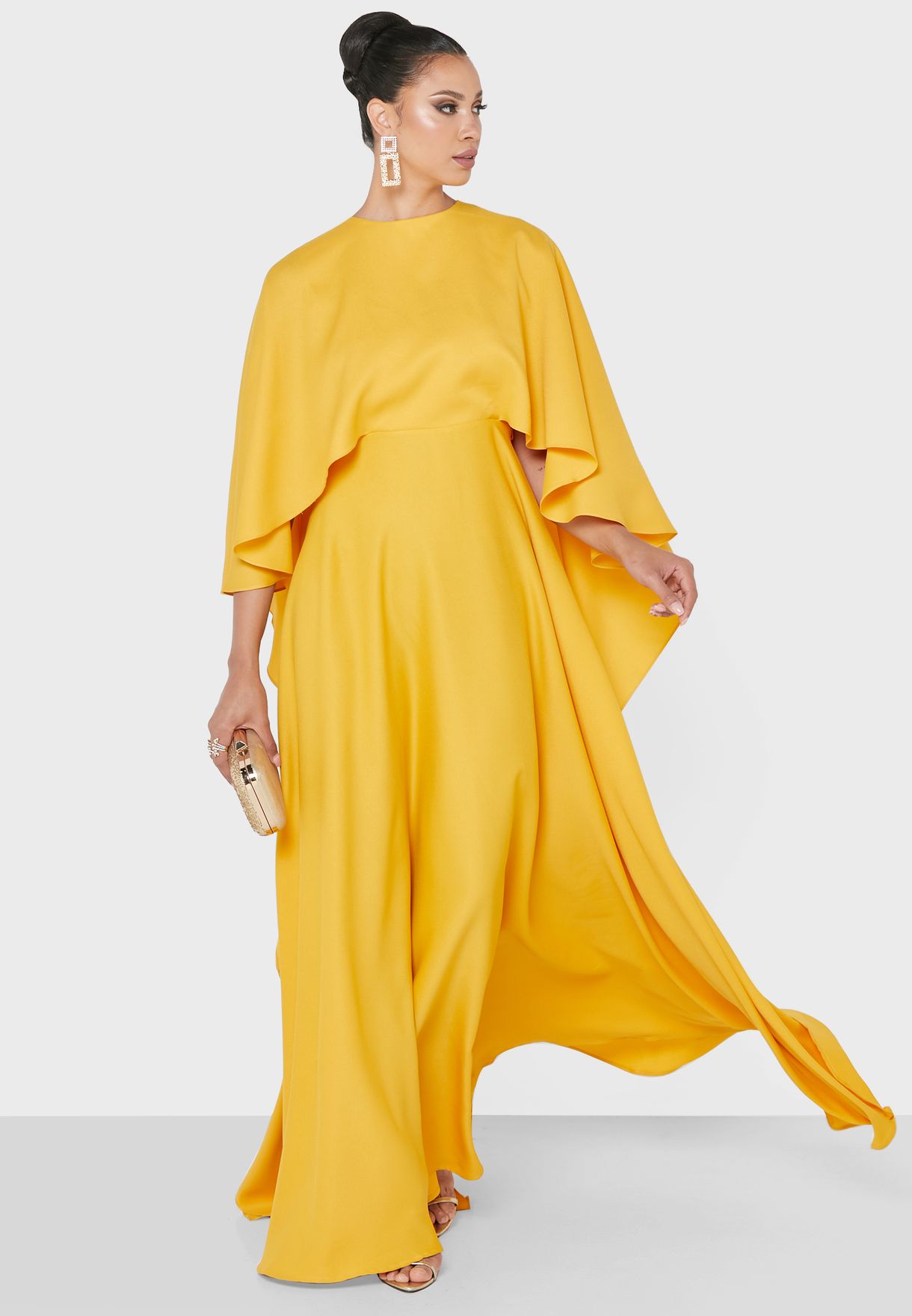 Buy Chase yellow Open Back Cape Sleeve Pleat Detail Dress for Women in ...
