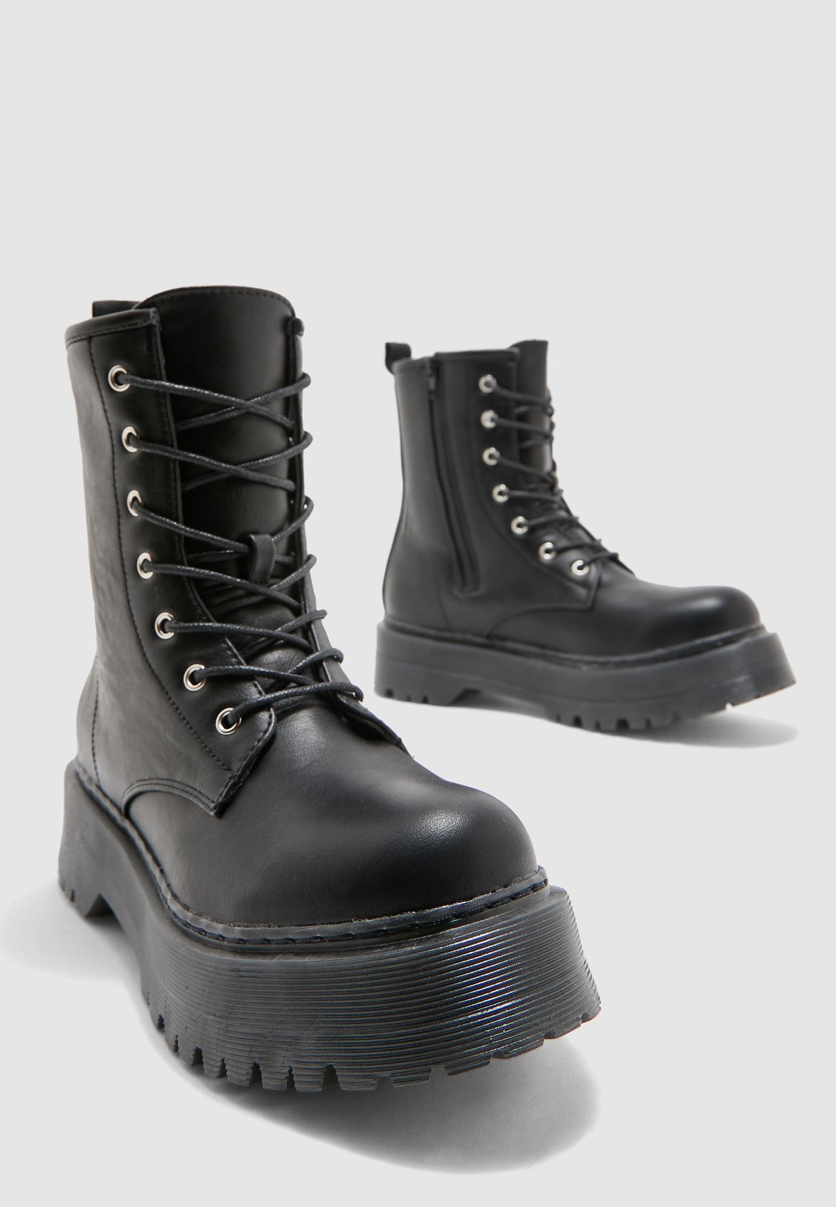 truffle collection lace up chunky military boots in black