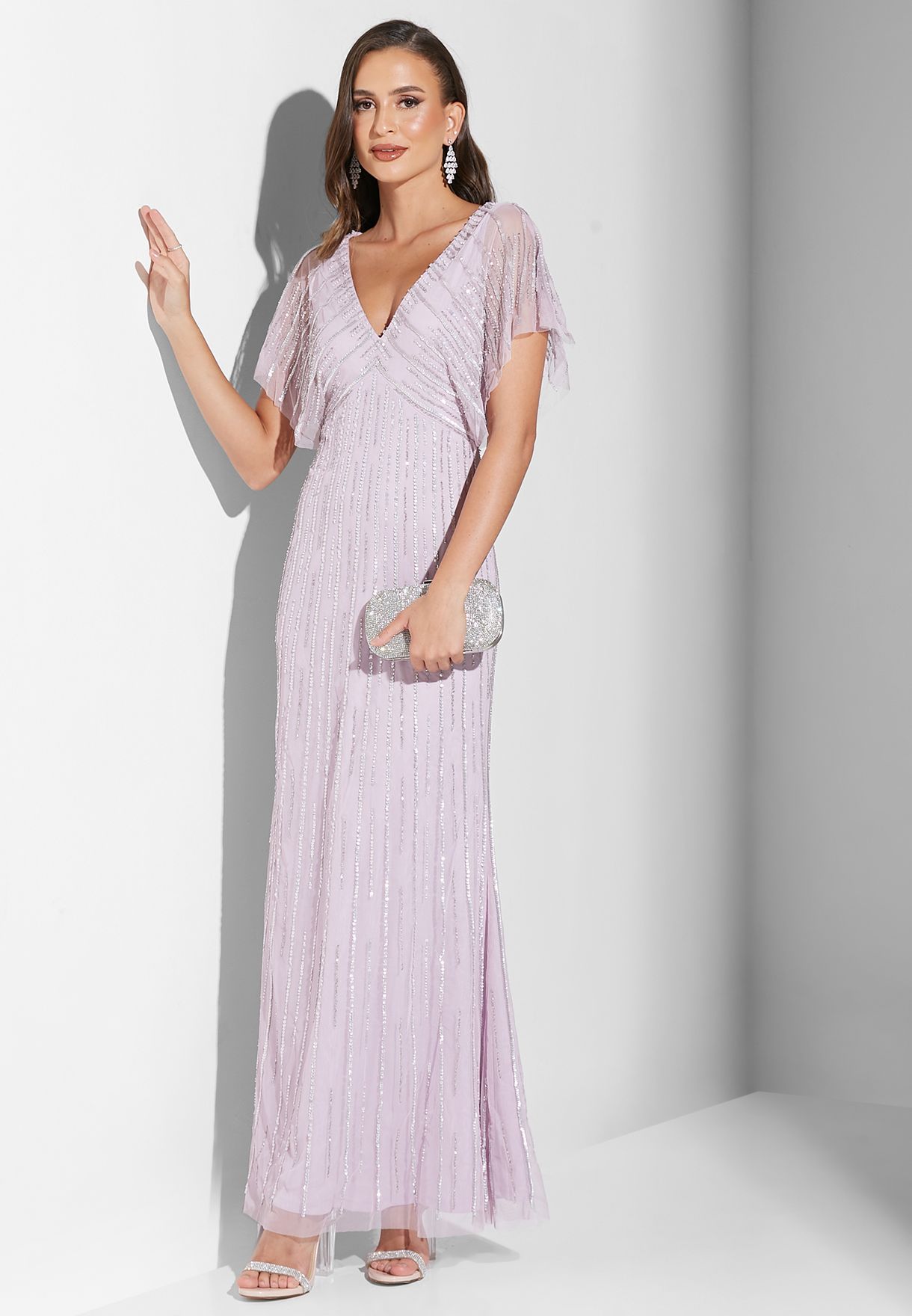 Buy Namshi x Leen Aboushaar purple Embellished V Neck Dress for Women ...