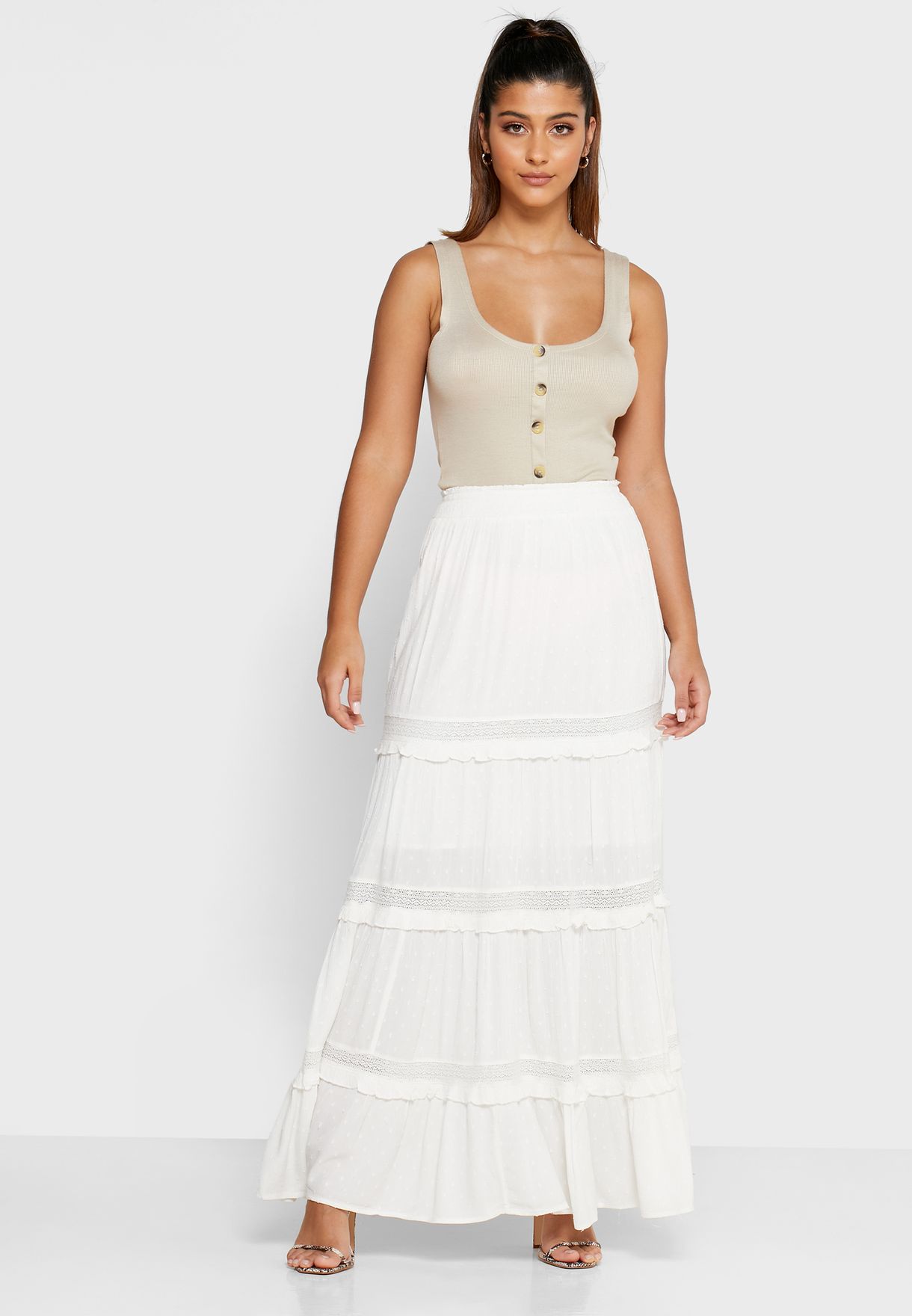 white tiered maxi dress