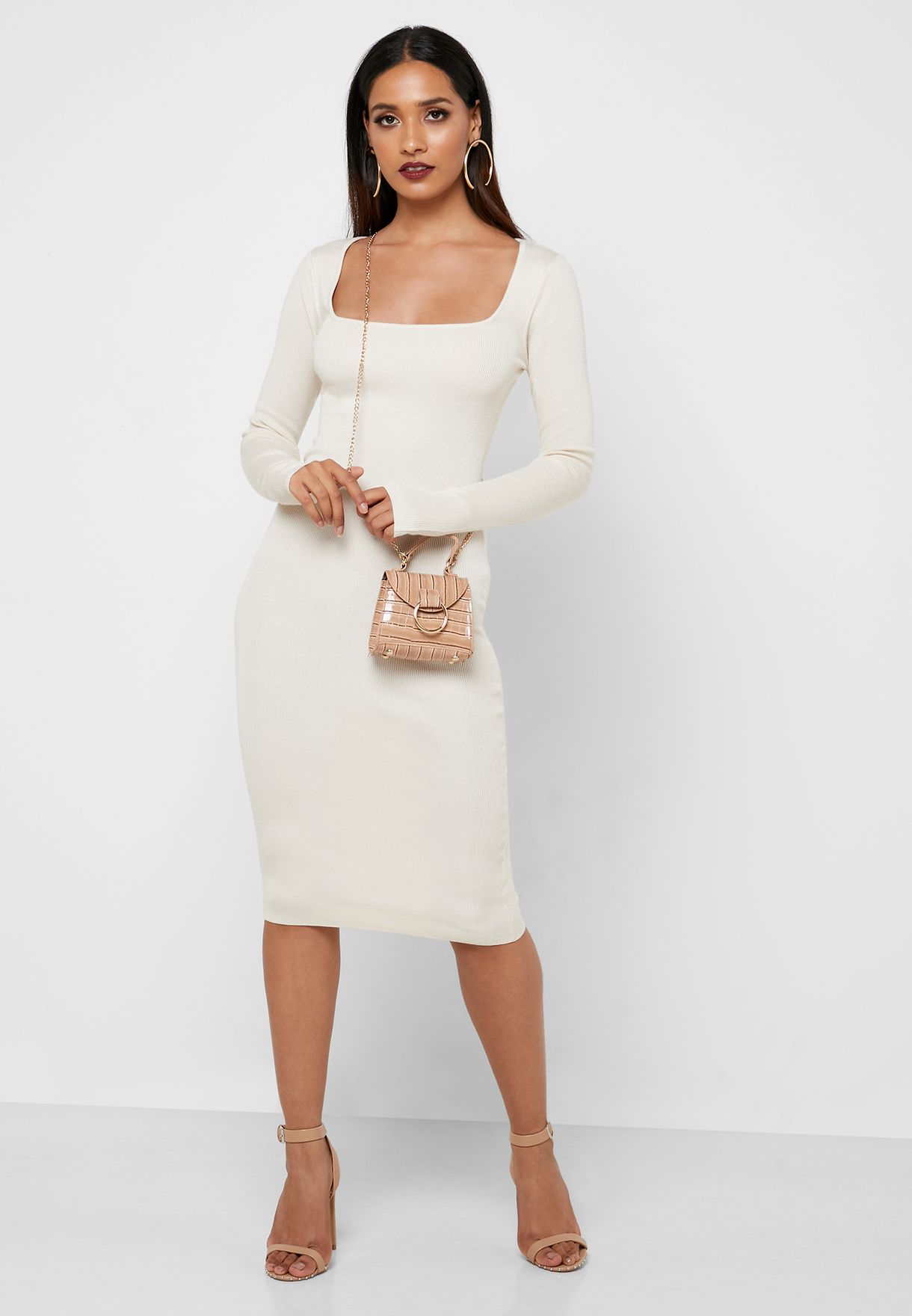 white bodycon square neck dress