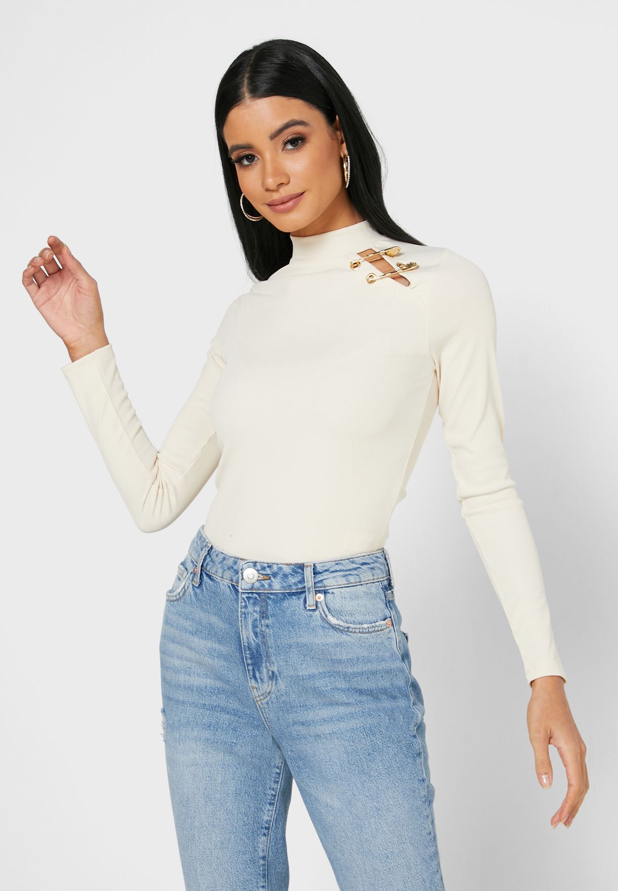 high neck cut sleeves top