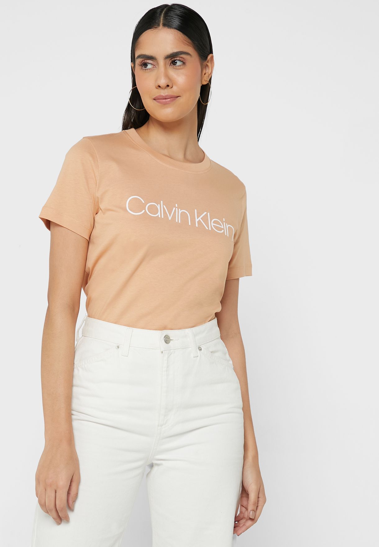 Buy Calvin Klein neutrals Round Neck Logo T-Shirt for Women in Muscat,  Salalah