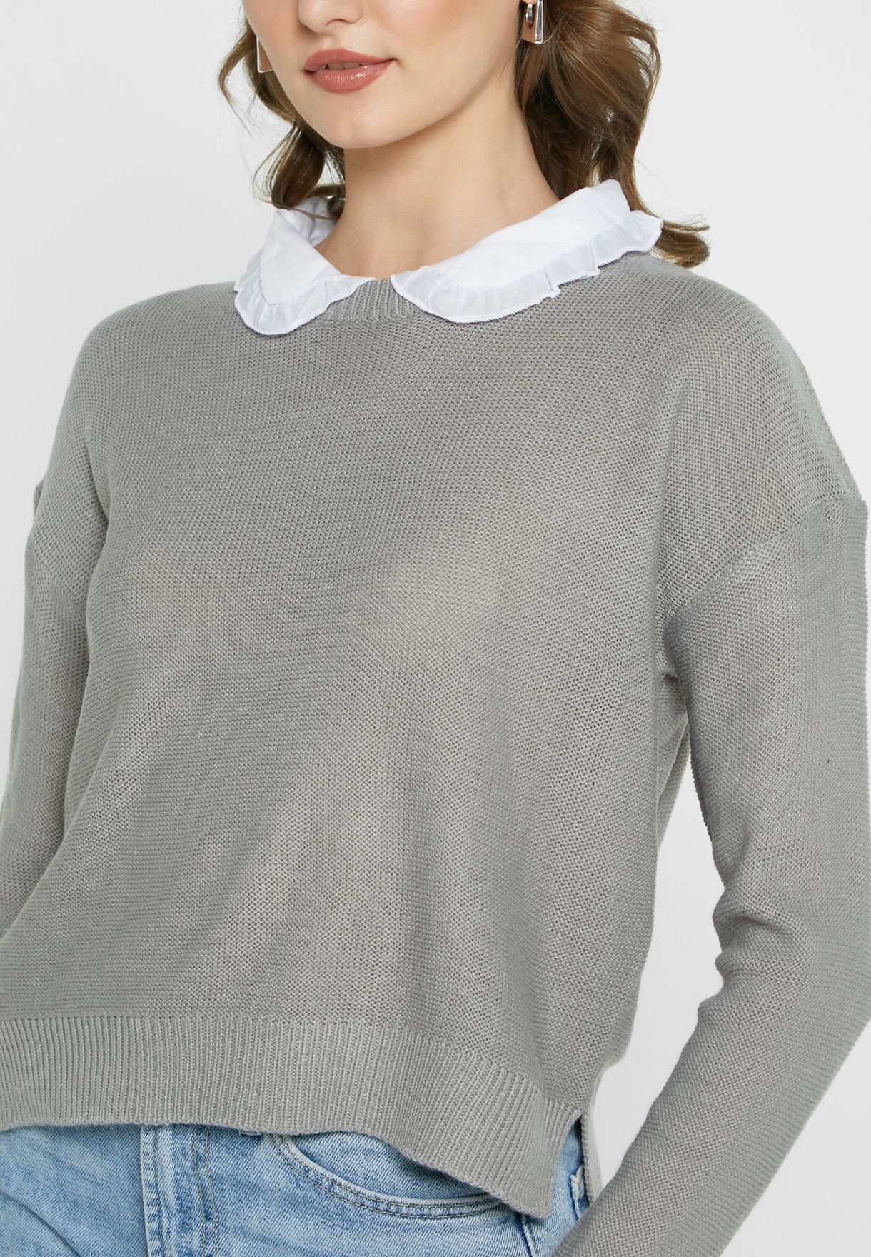 Crew Neck Jumper With Woven Collar