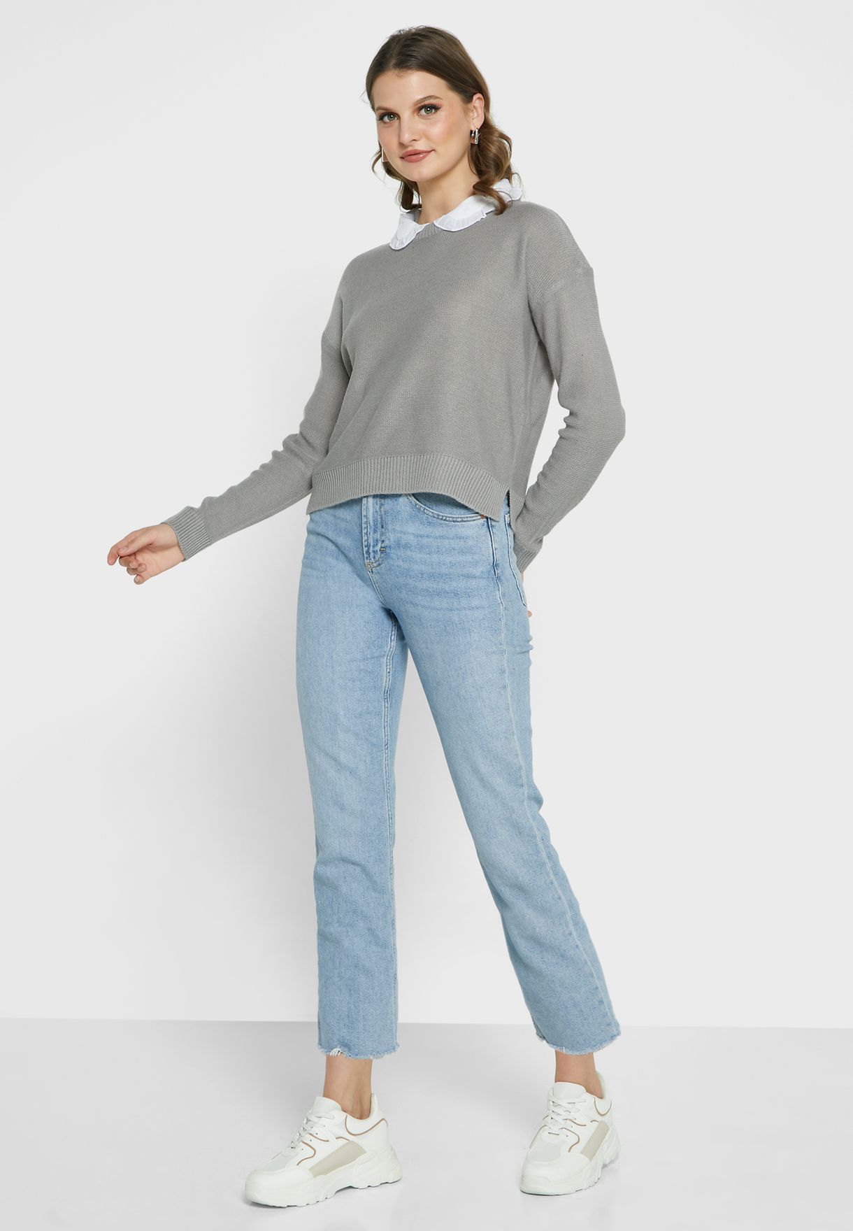 Crew Neck Jumper With Woven Collar