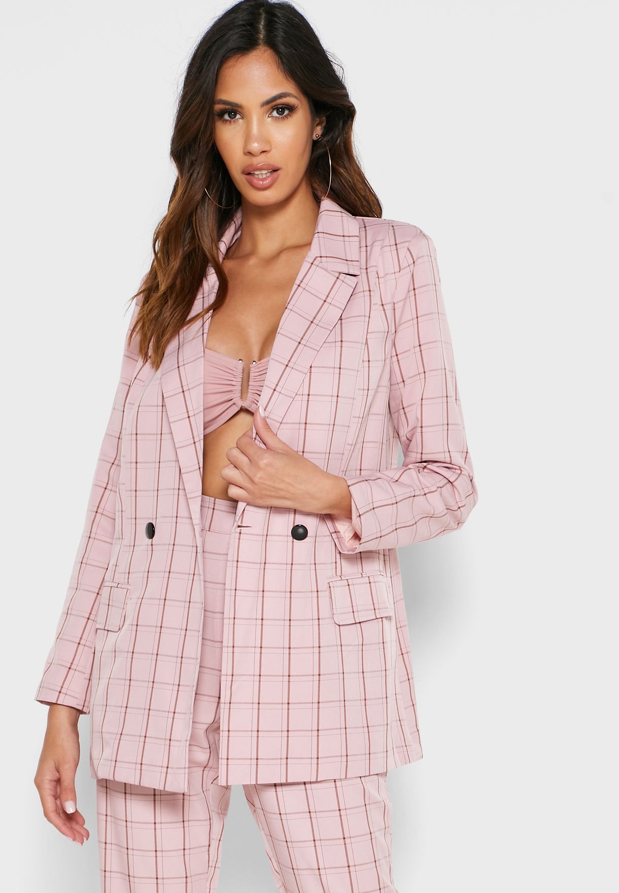 Missguided pink Check Oversized Blazer ...