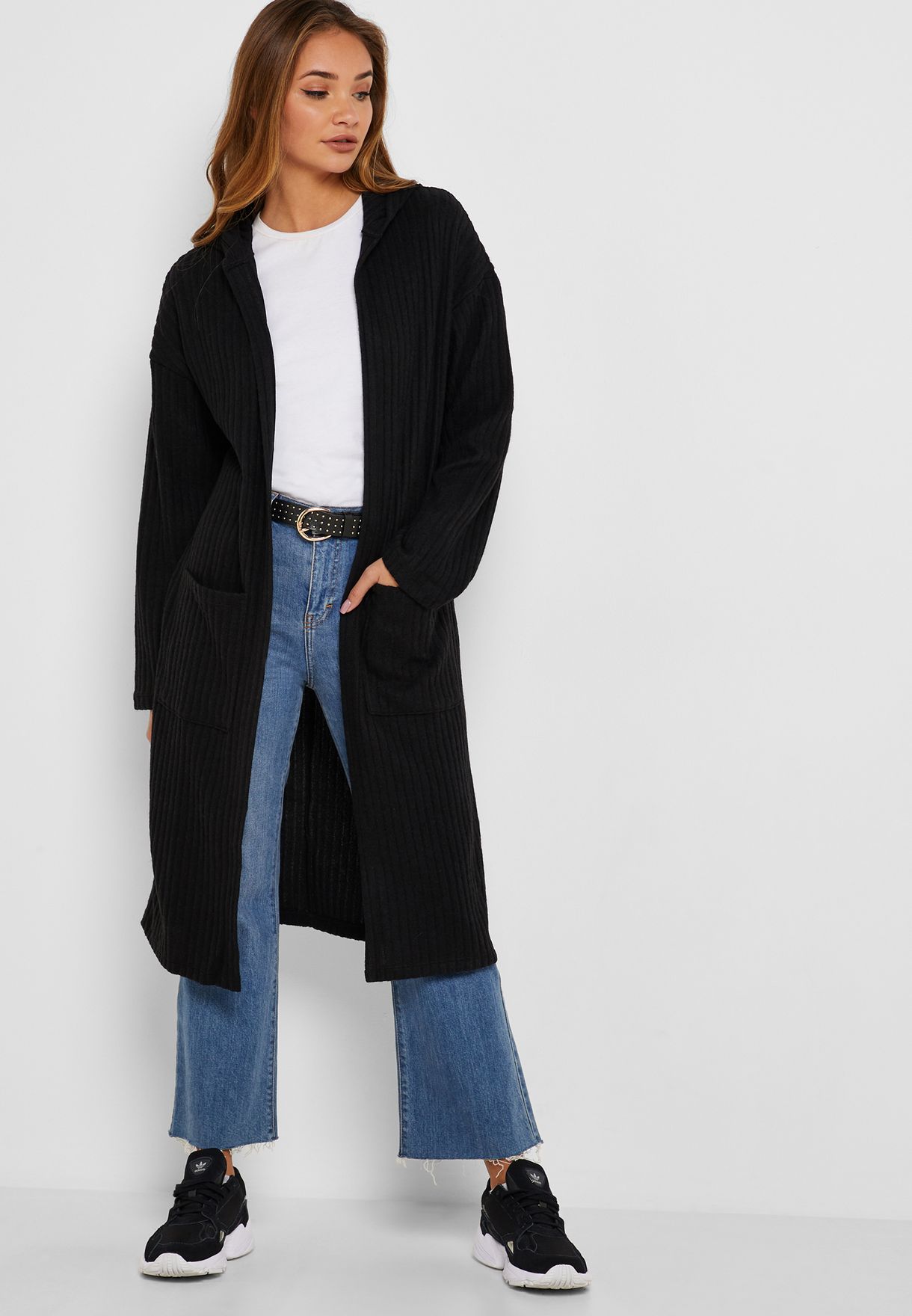 black longline hooded cardigan