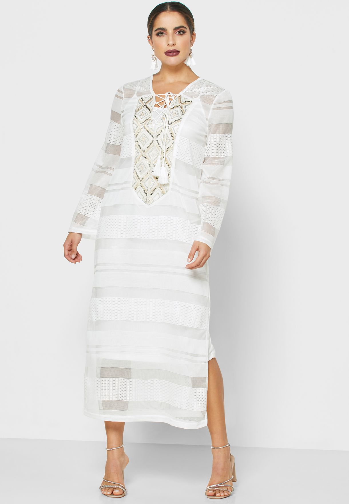 white lace mesh overlay maxi dress