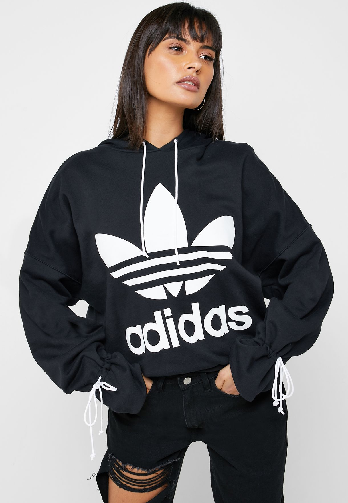 adidas trefoil hoodie women's black