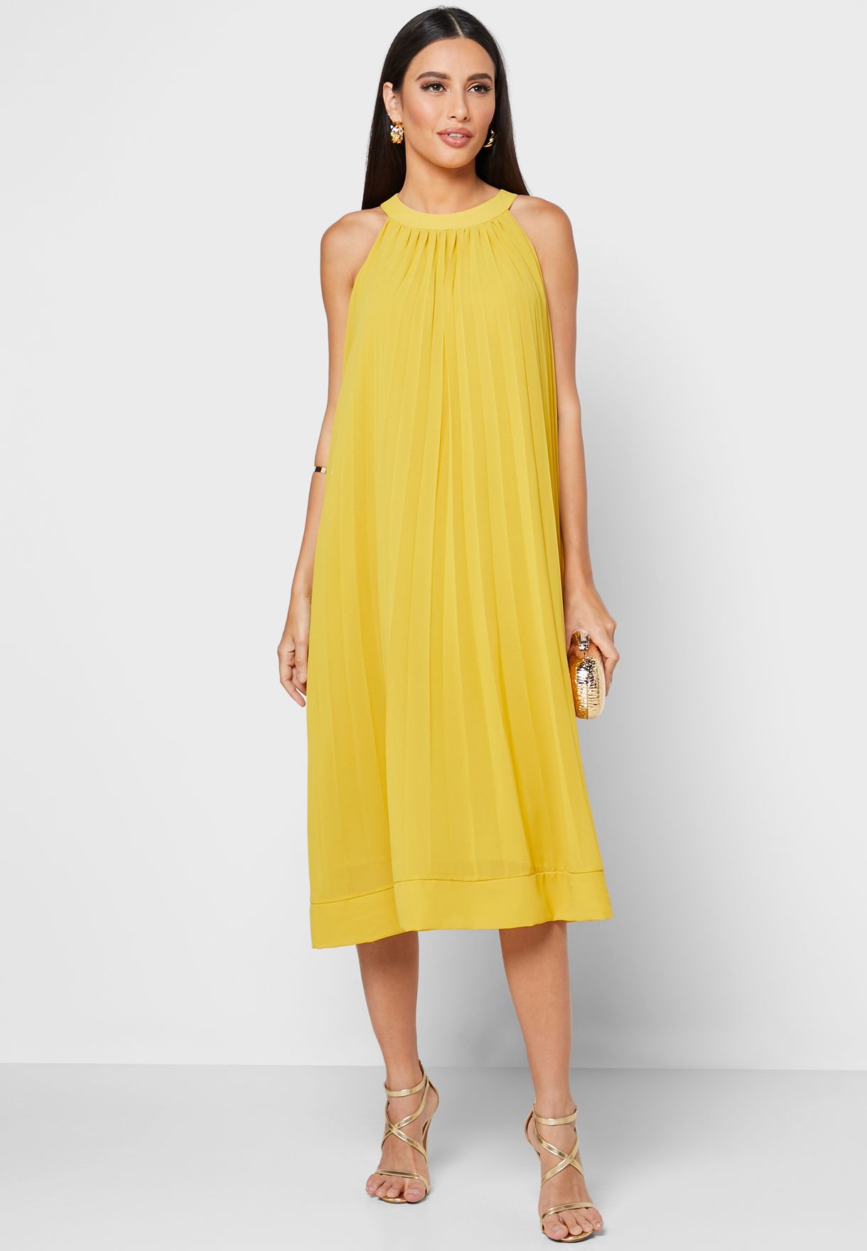 Buy Ella Yellow Pleated Swing Midi Dress For Women In Mena Worldwide 0534