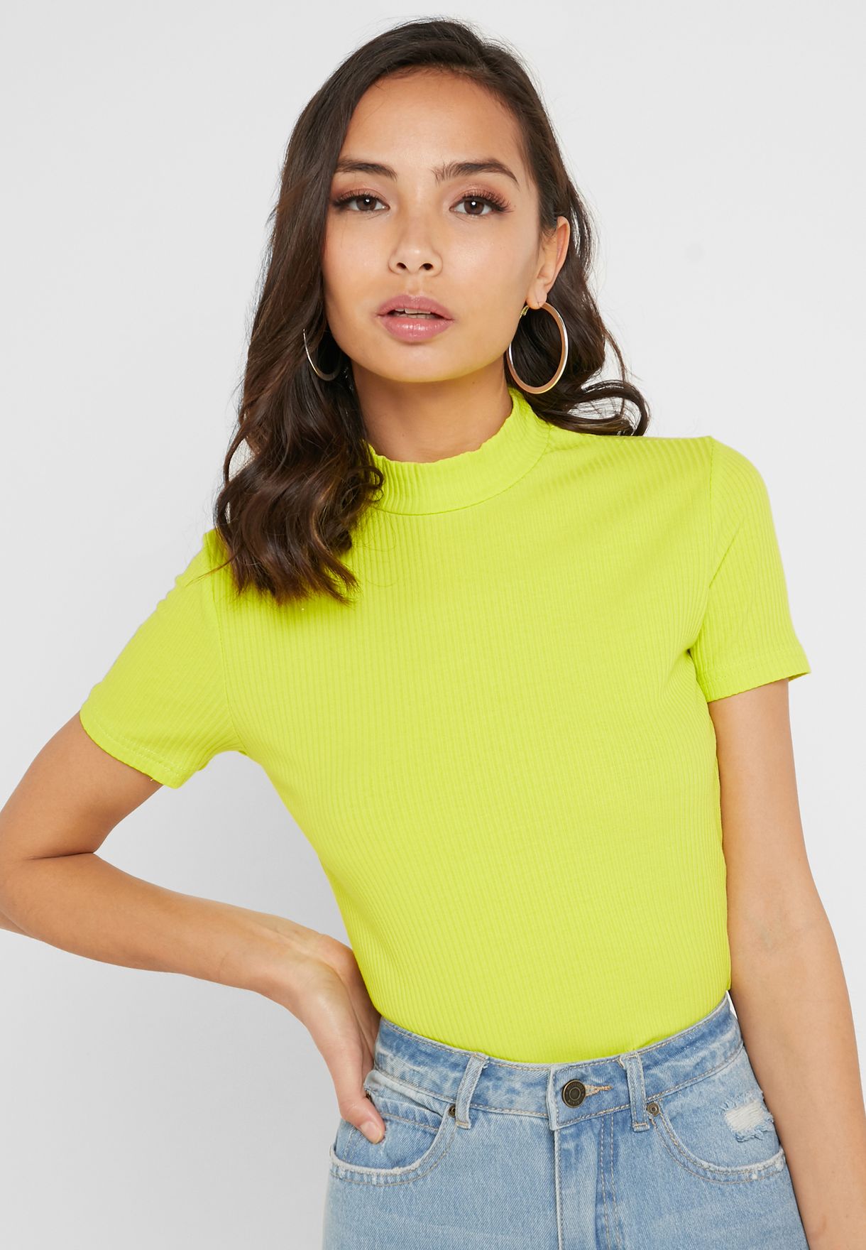 Buy Ginger yellow Ribbed High Neck T 