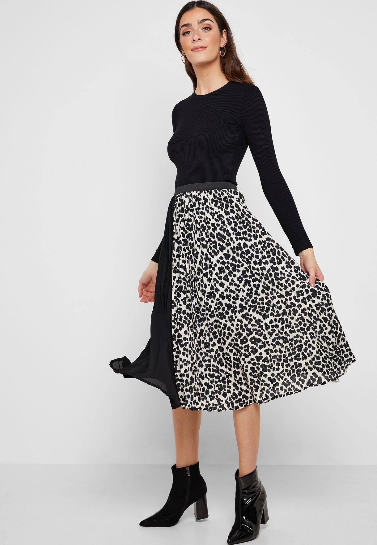 Half Leopard Print Pleat Midi Skirt for ...