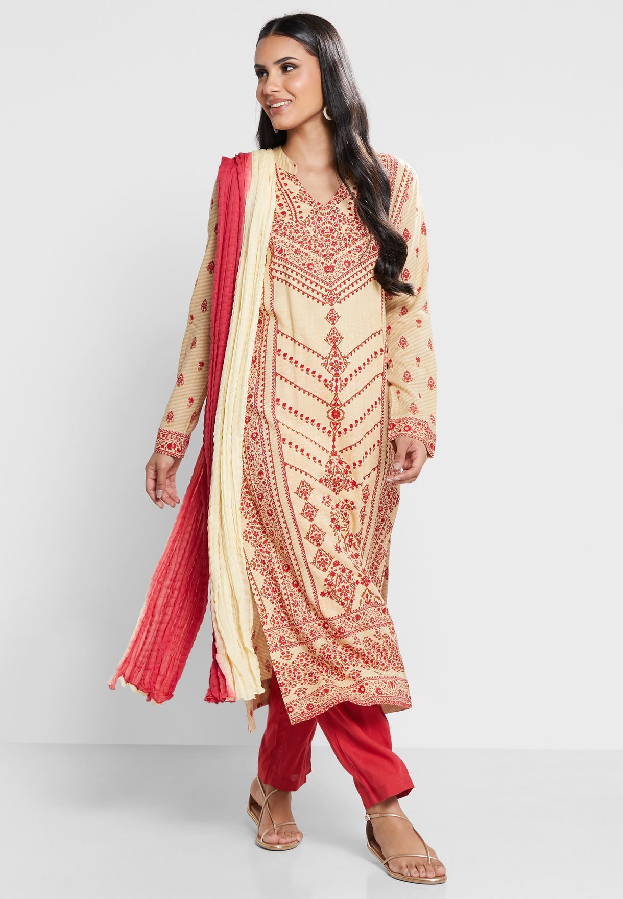 Printed Kurti & Pants Set With Dupatta