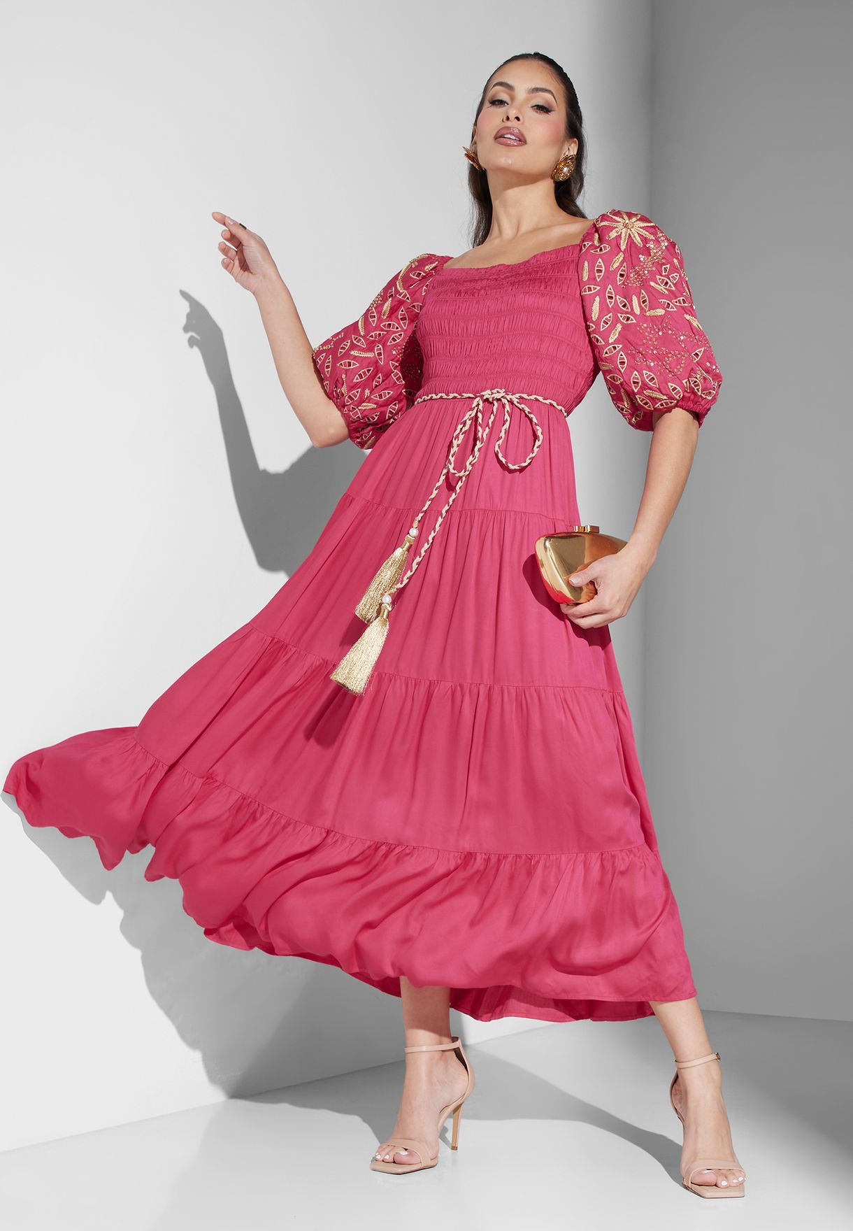 Balloon Sleeve Ruched Belted Dress