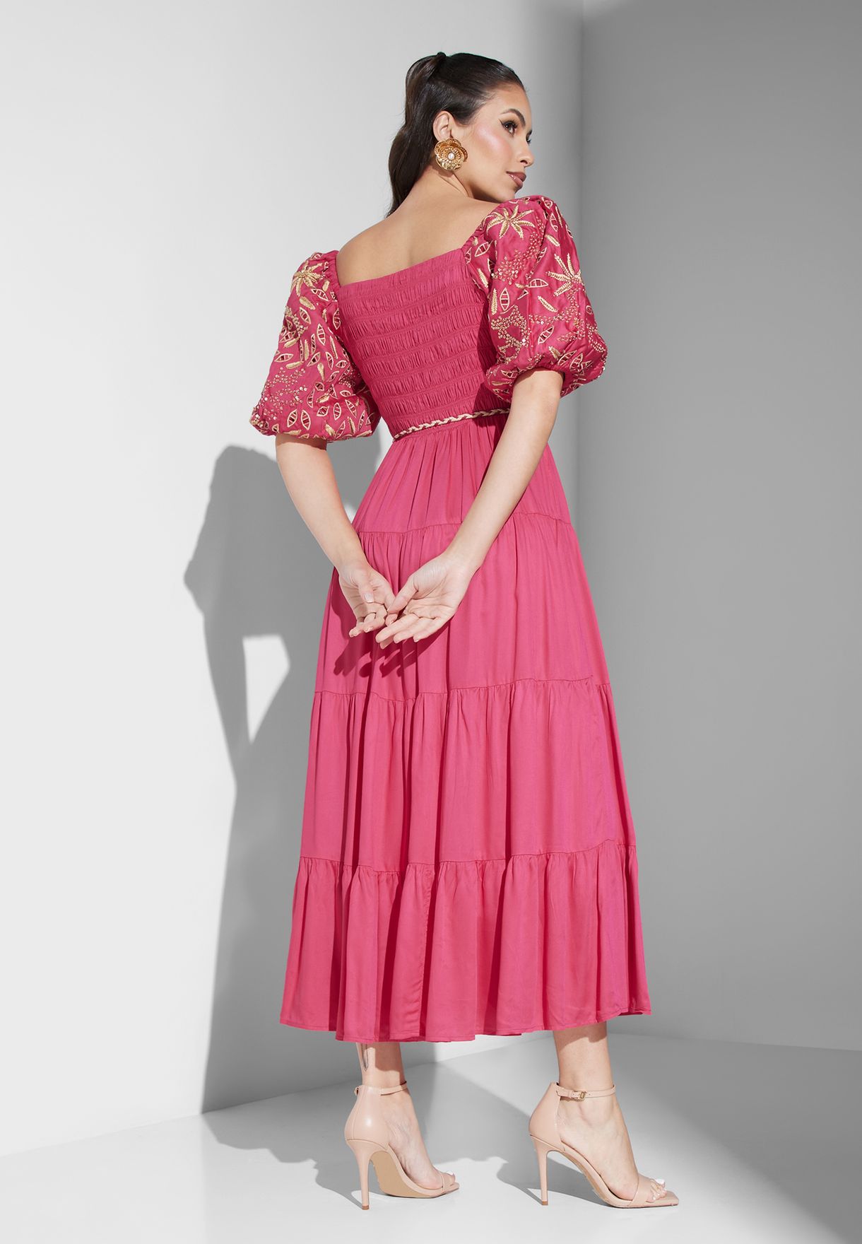 Balloon Sleeve Ruched Belted Dress