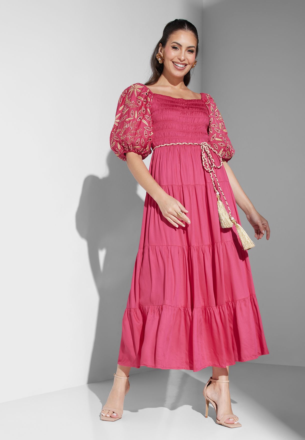 Balloon Sleeve Ruched Belted Dress