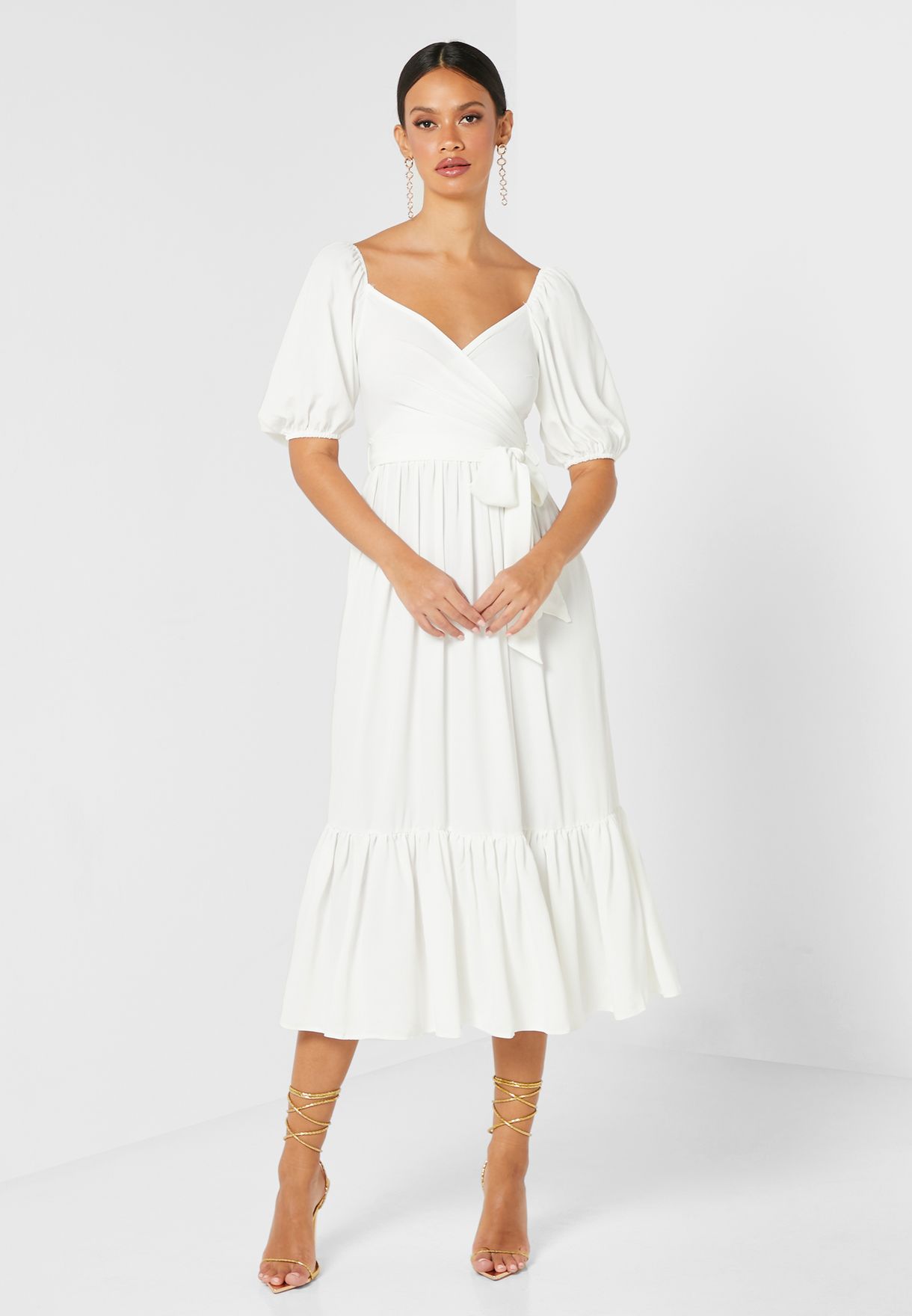 white bardot wrap over midaxi dress