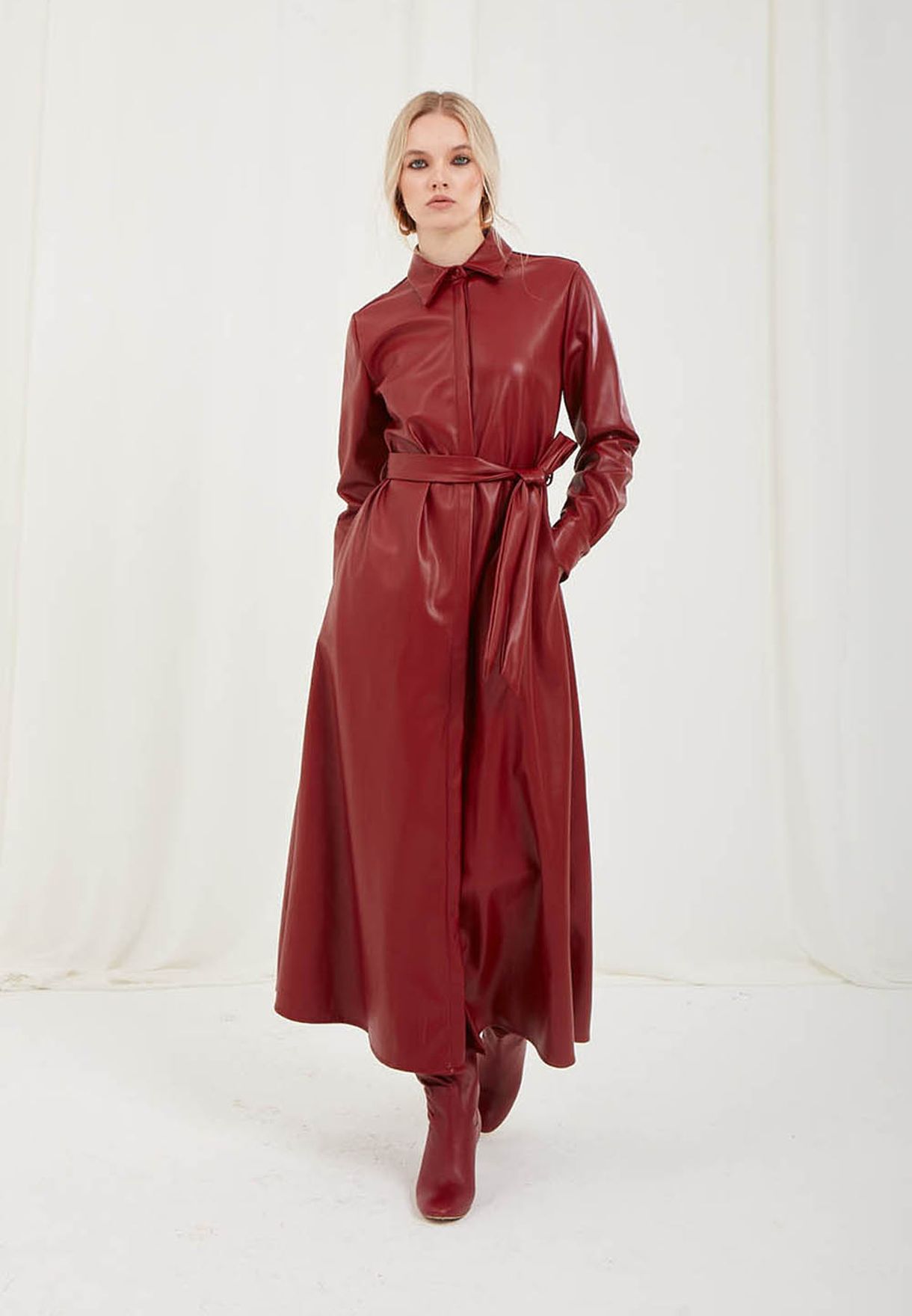 Belted Pu Shirt Dress
