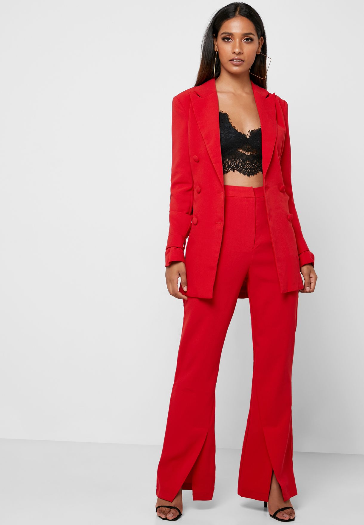 red wide leg pants suit