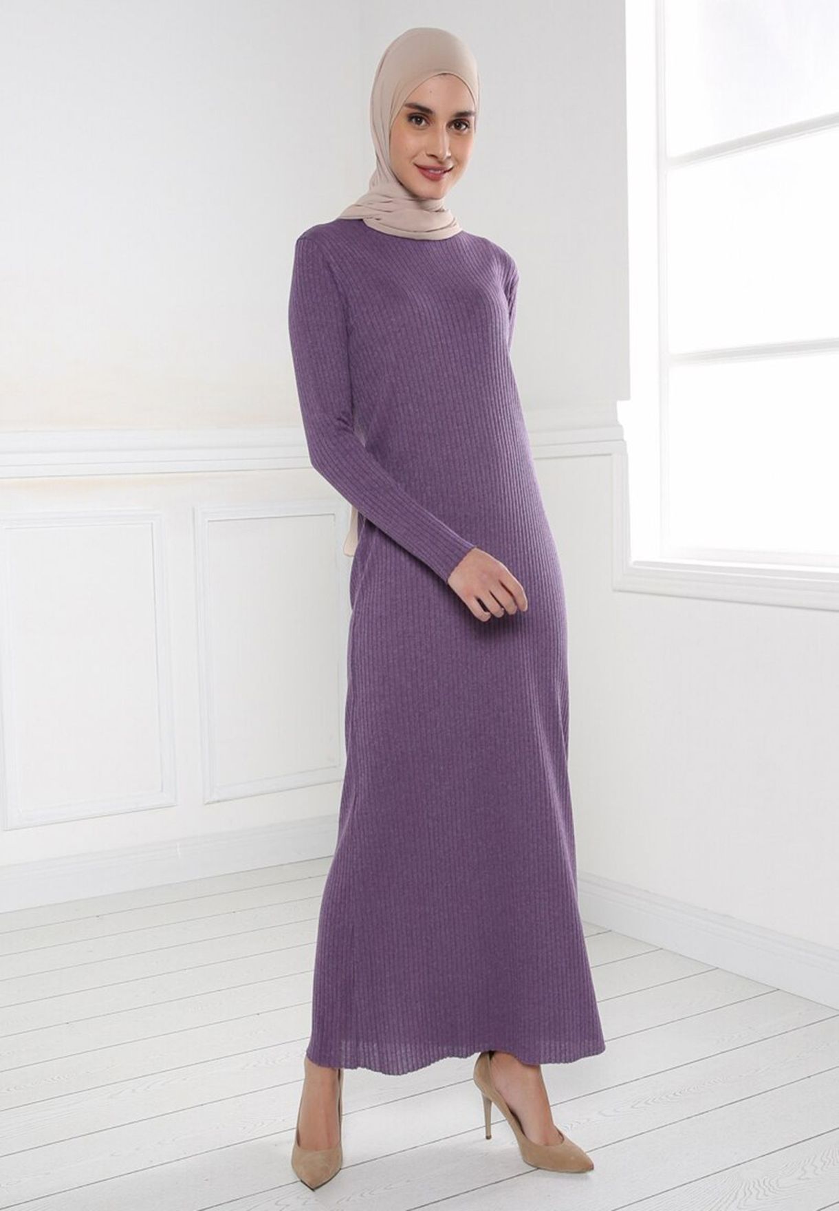 Buy Tavin By Modanisa purple Crew Neck Maxi Dress for Women in MENA 