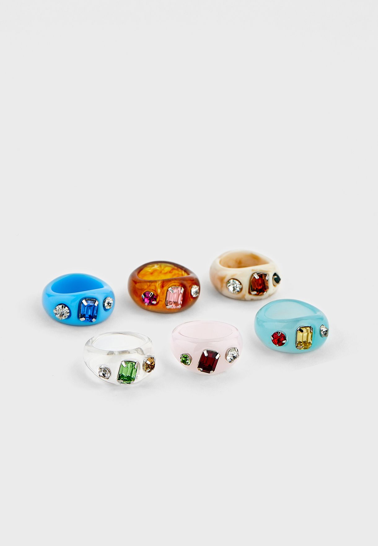 6 Pack Of Bright Plastic Coloured Gem Stone Rings