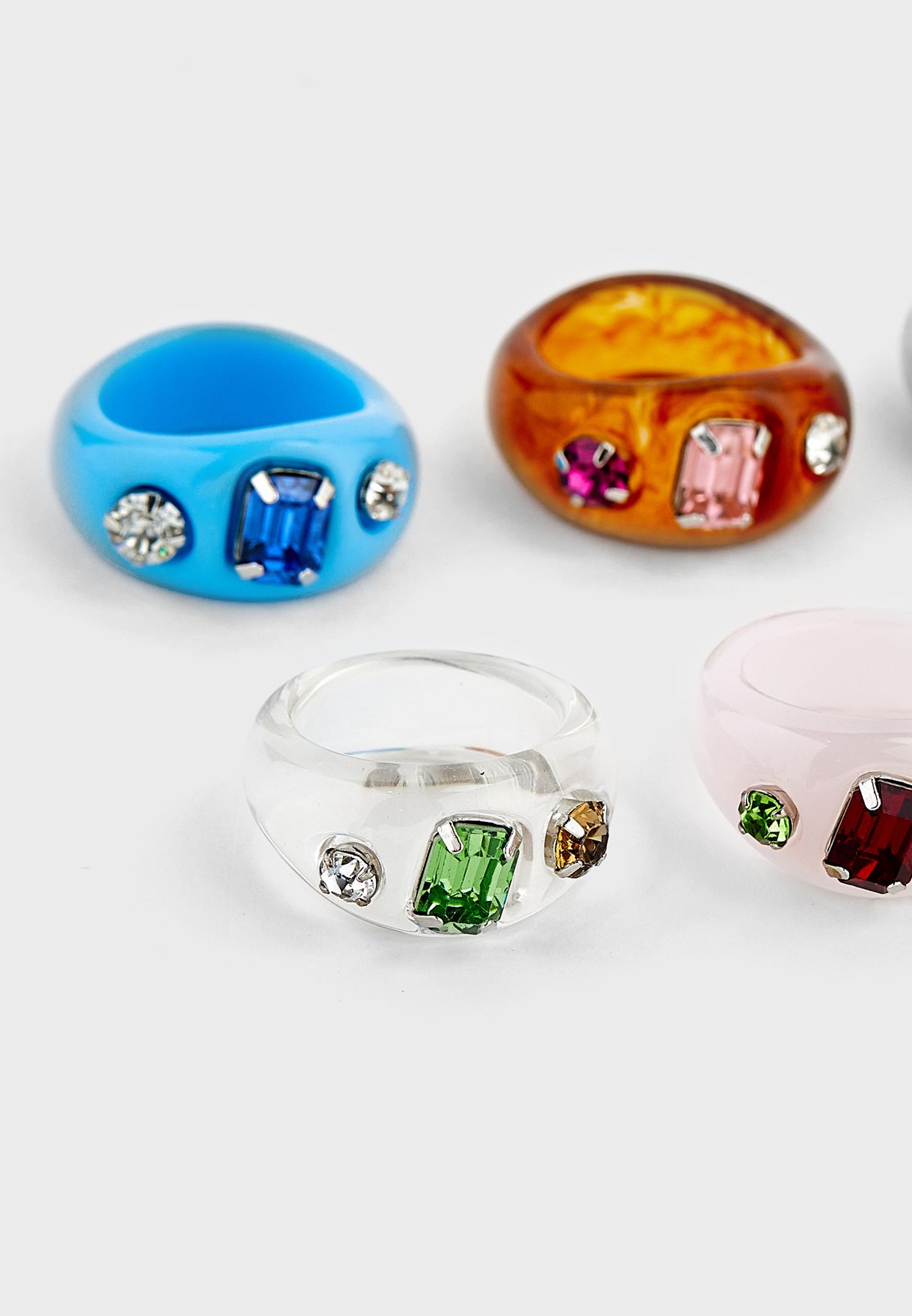 6 Pack Of Bright Plastic Coloured Gem Stone Rings