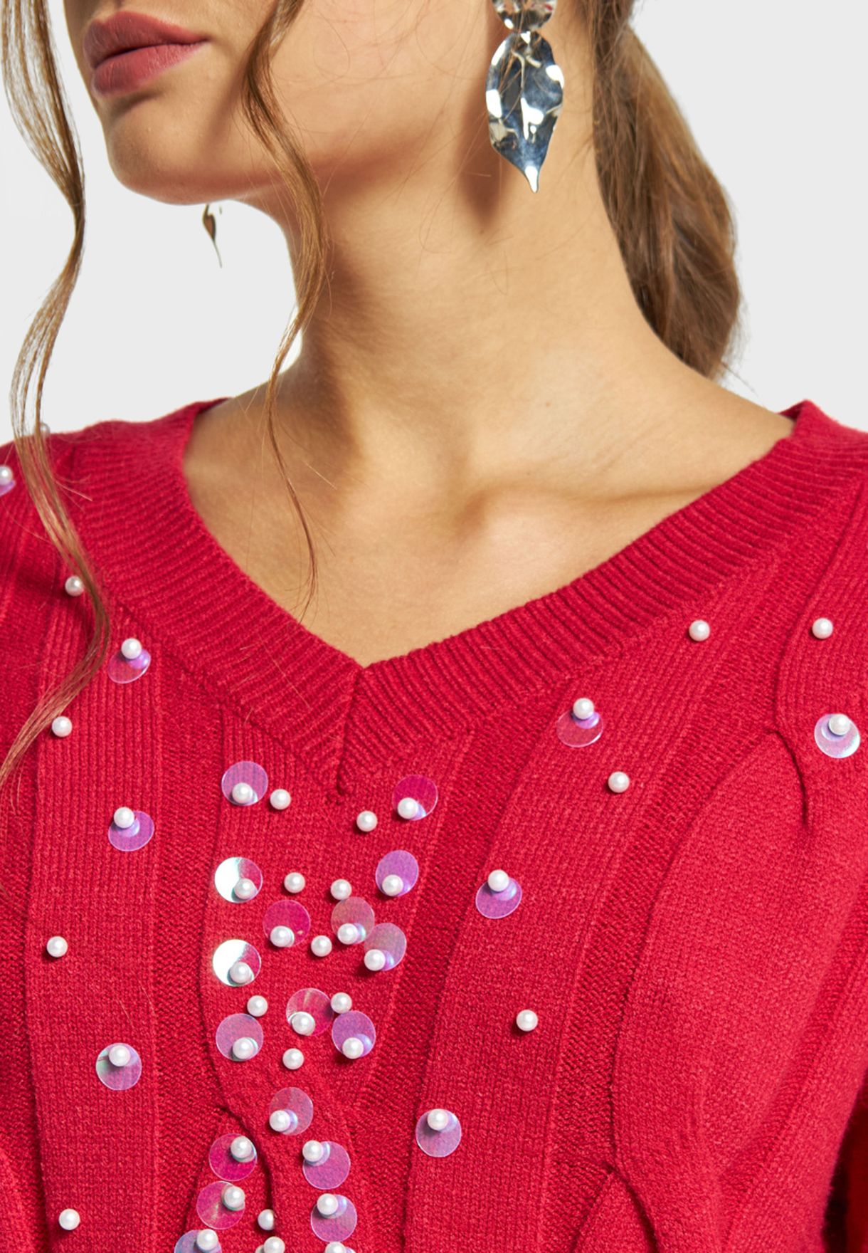 Embellished V-Neck Knitted Sweater