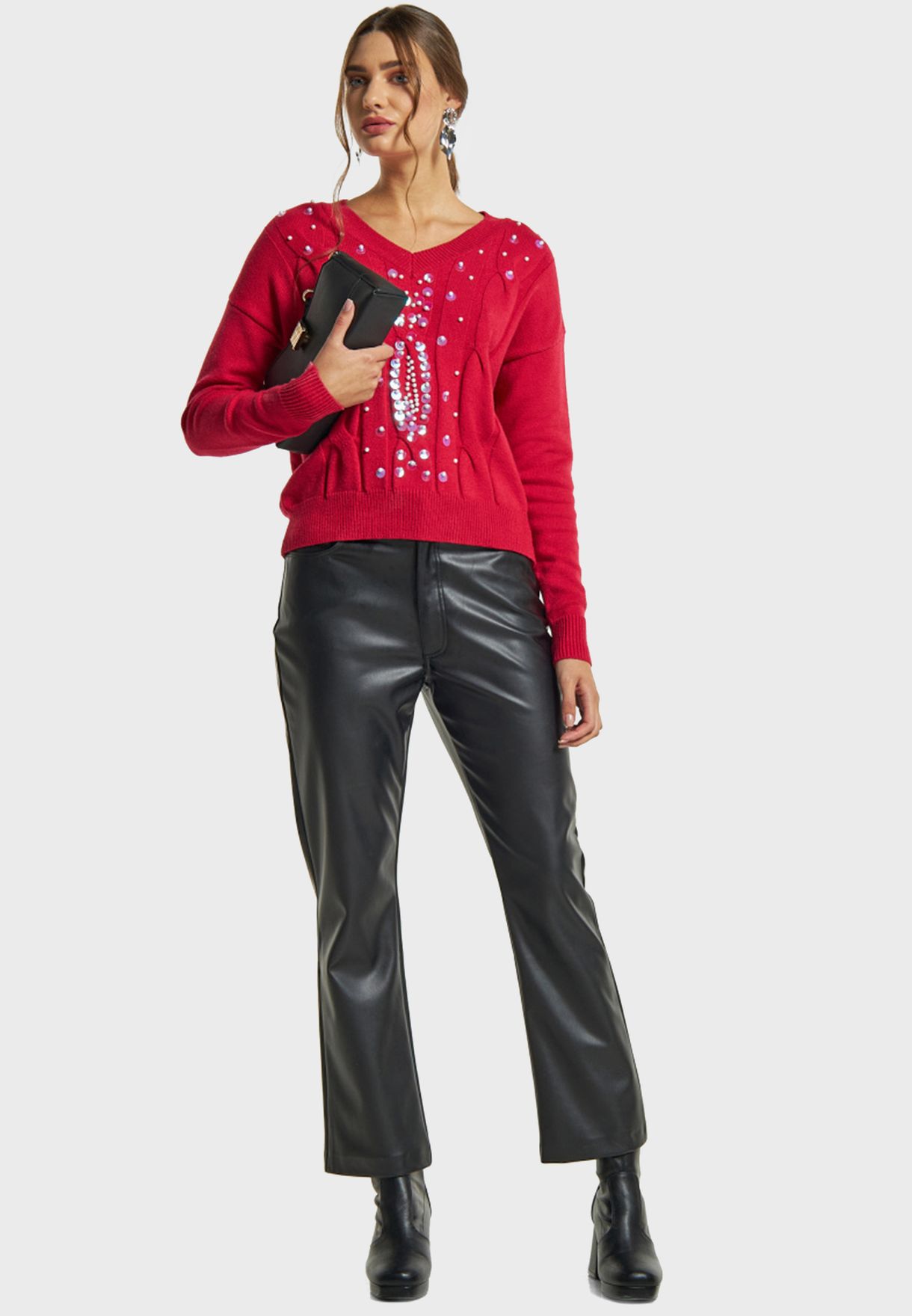 Embellished V-Neck Knitted Sweater