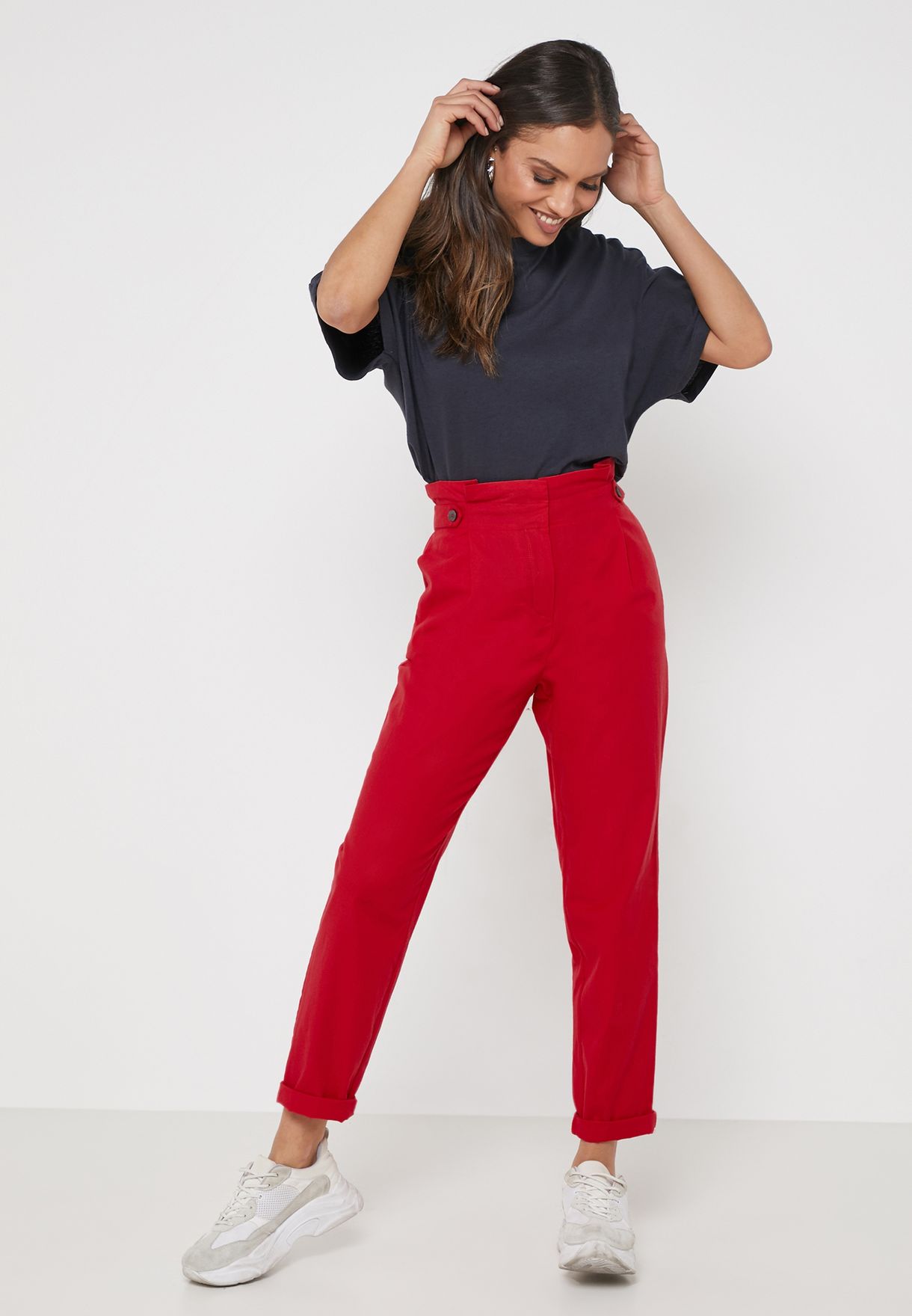 red paperbag pants