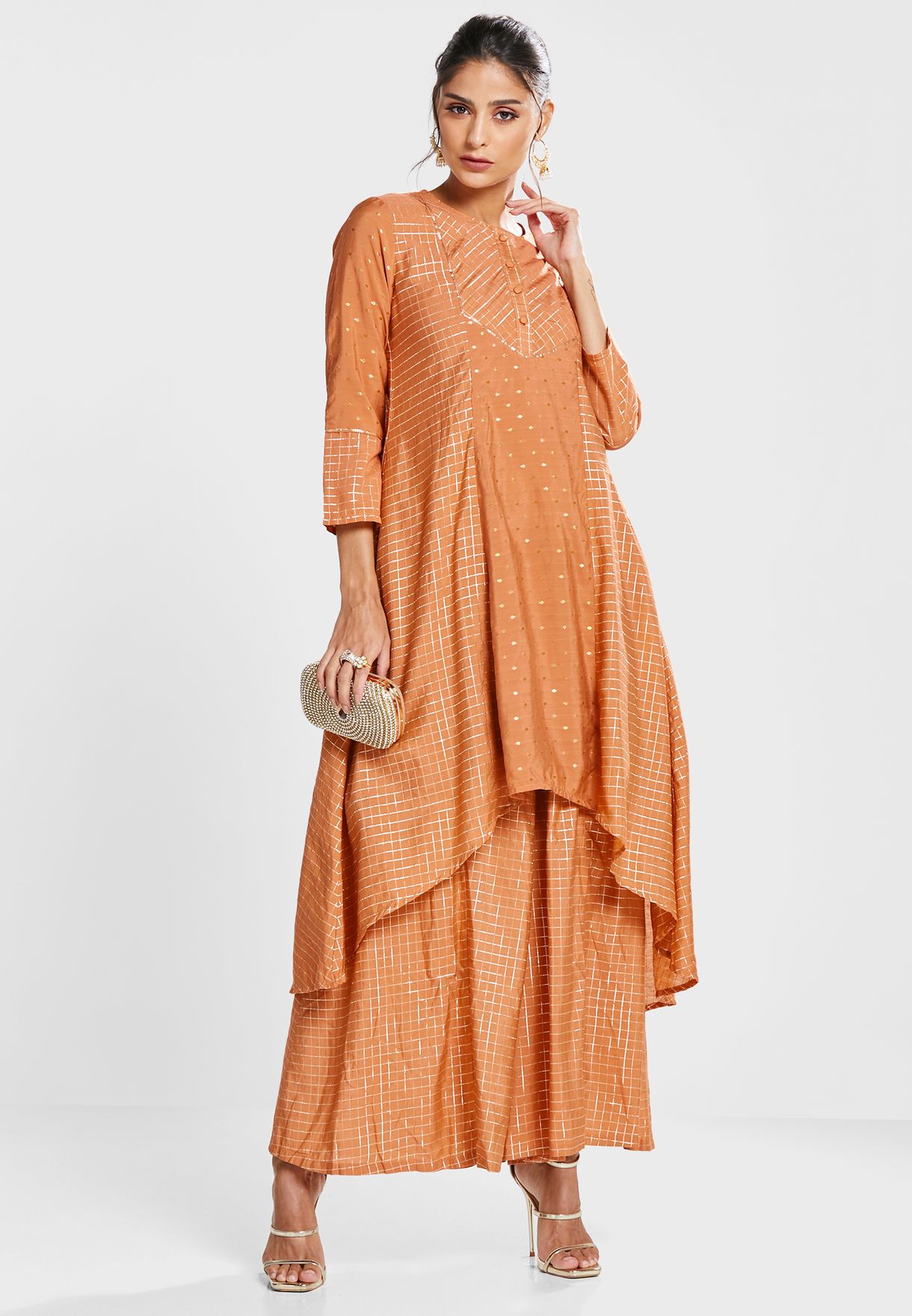 Button Detail High Low Kurta & Palazzo Pants Set