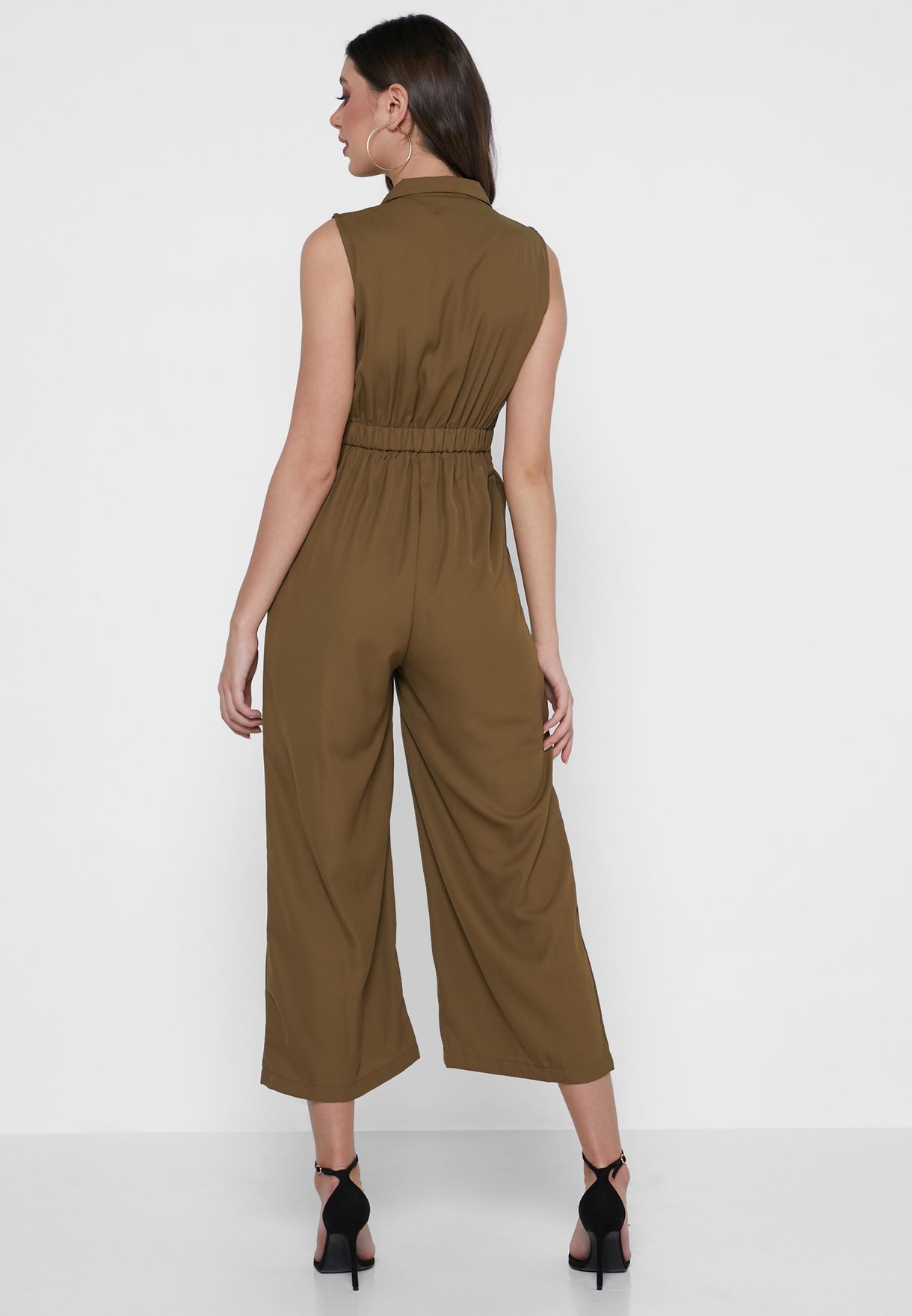 V Neck Zip Up Pleated Jumpsuit