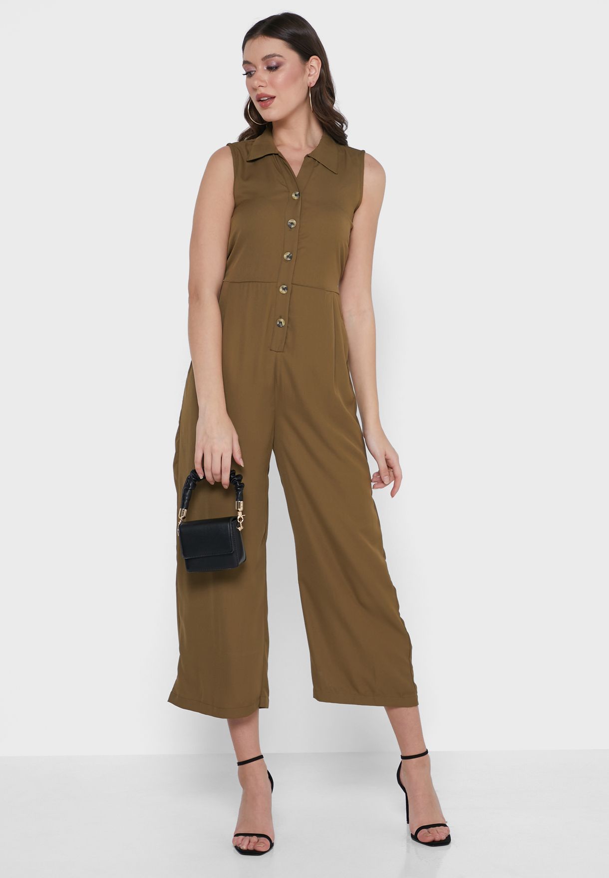 V Neck Zip Up Pleated Jumpsuit