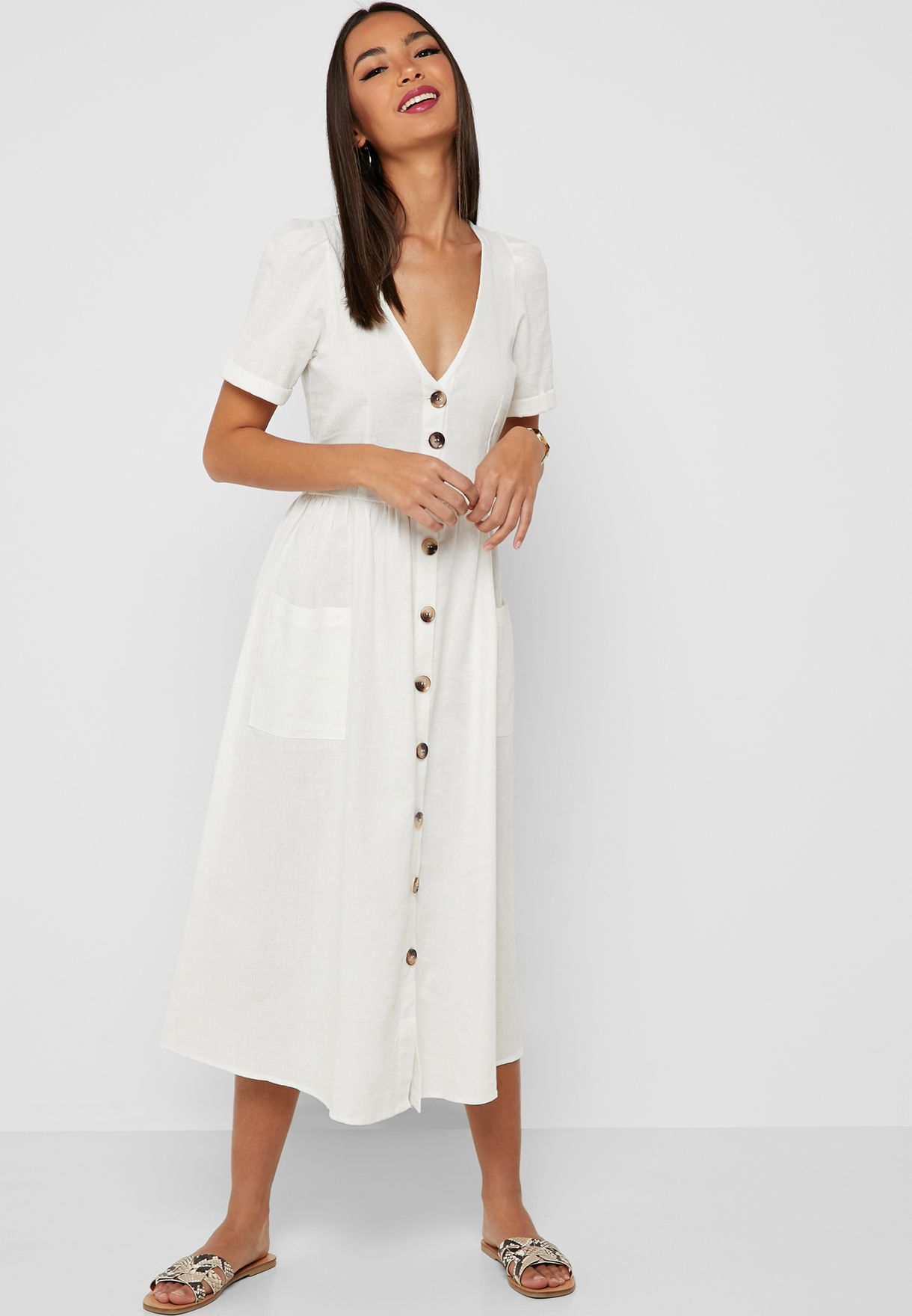 white midi button down dress