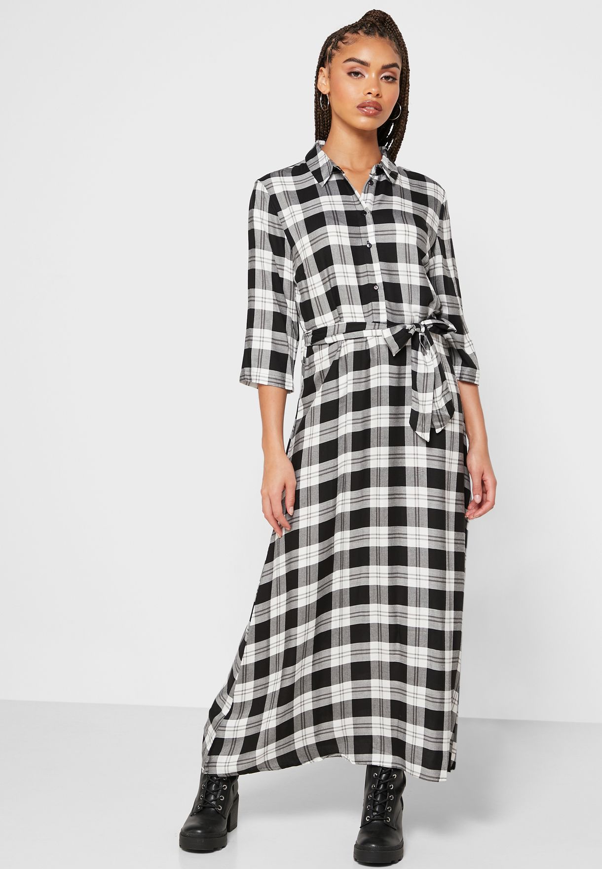 check belted shirt dress