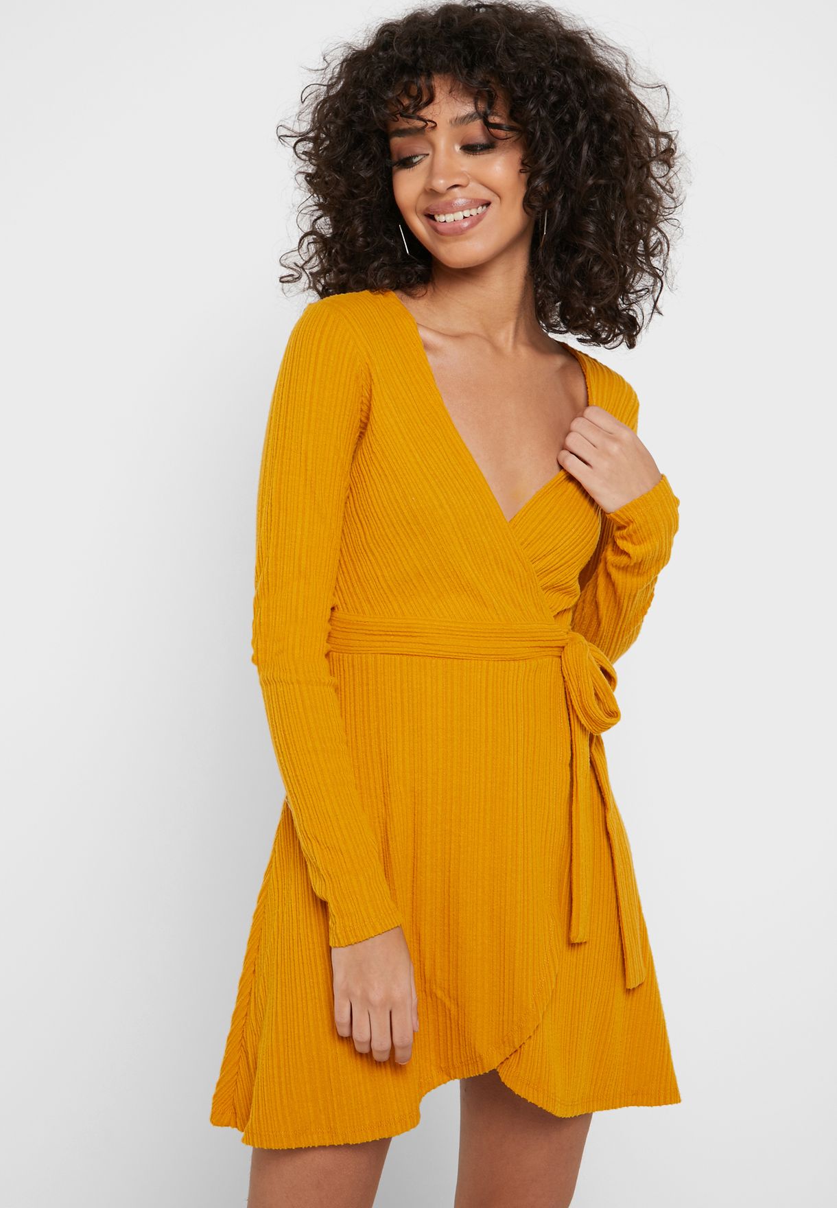 Buy Forever 21 yellow Ribbed Knit Wrap Dress for Women in MENA, Worldwide