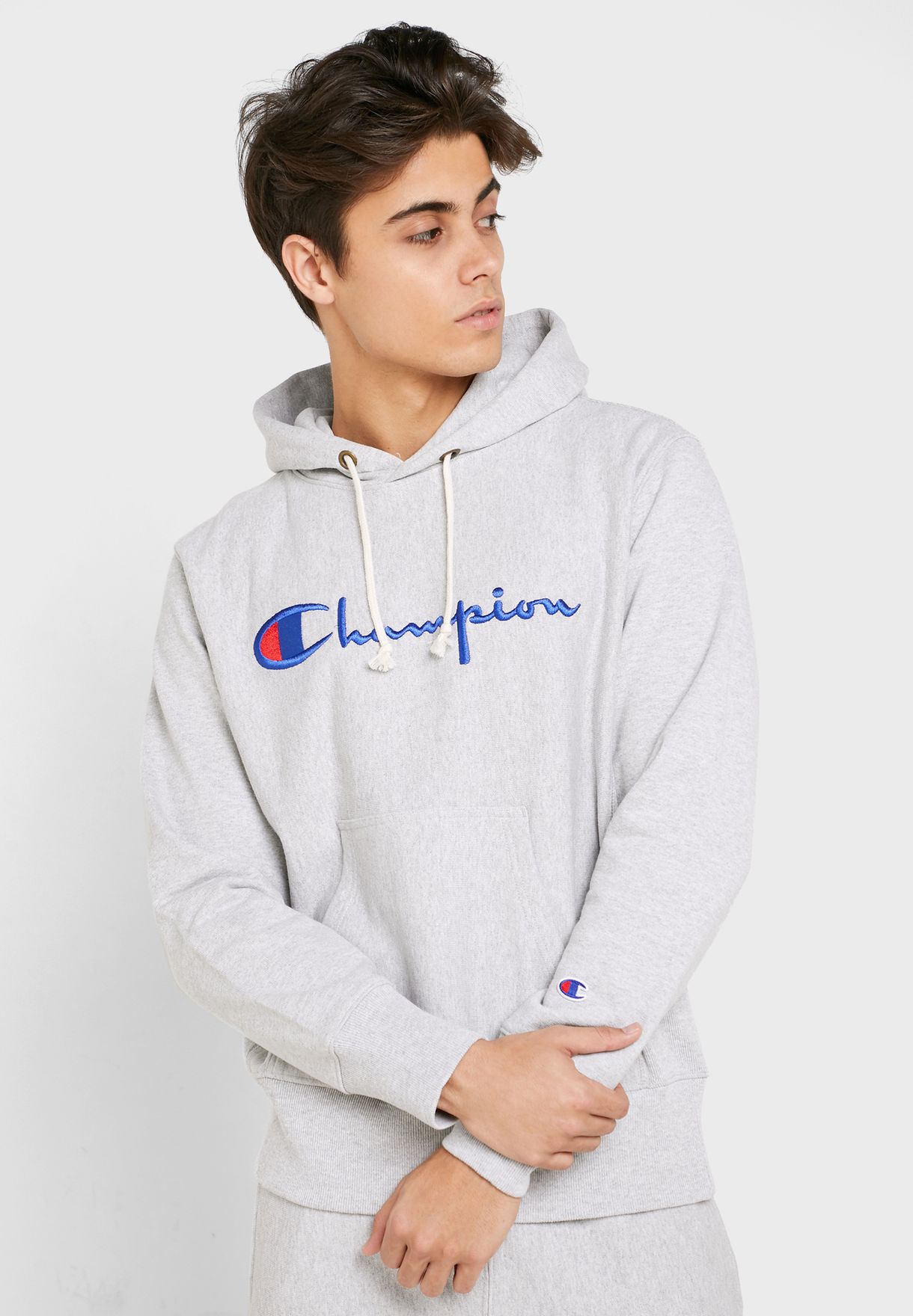 champion reverse weave script logo hoodie