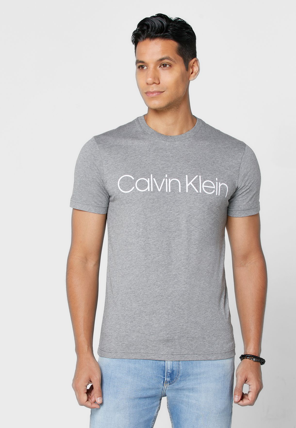 Buy Calvin Klein grey Logo Crew Neck T-Shirt for Men in Riyadh, Jeddah