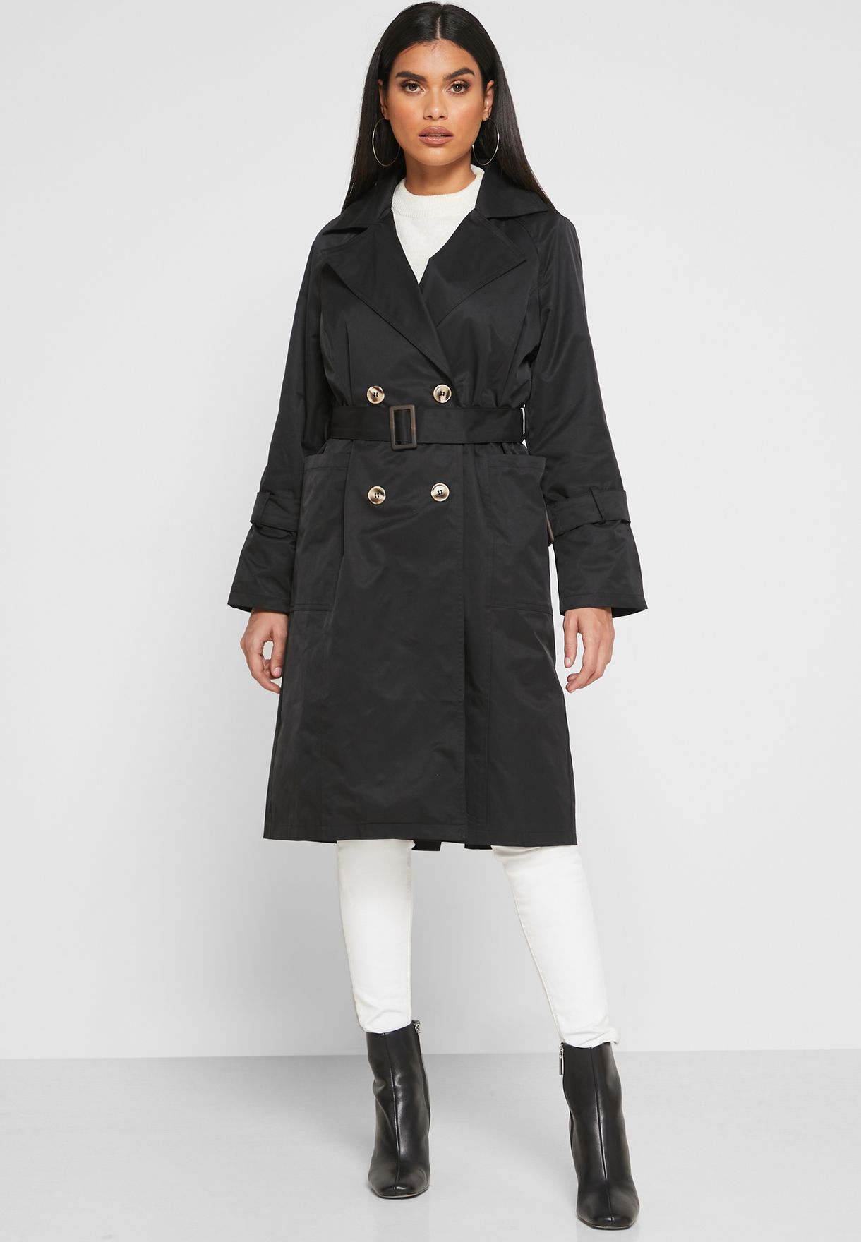 black double breasted belted trench coat