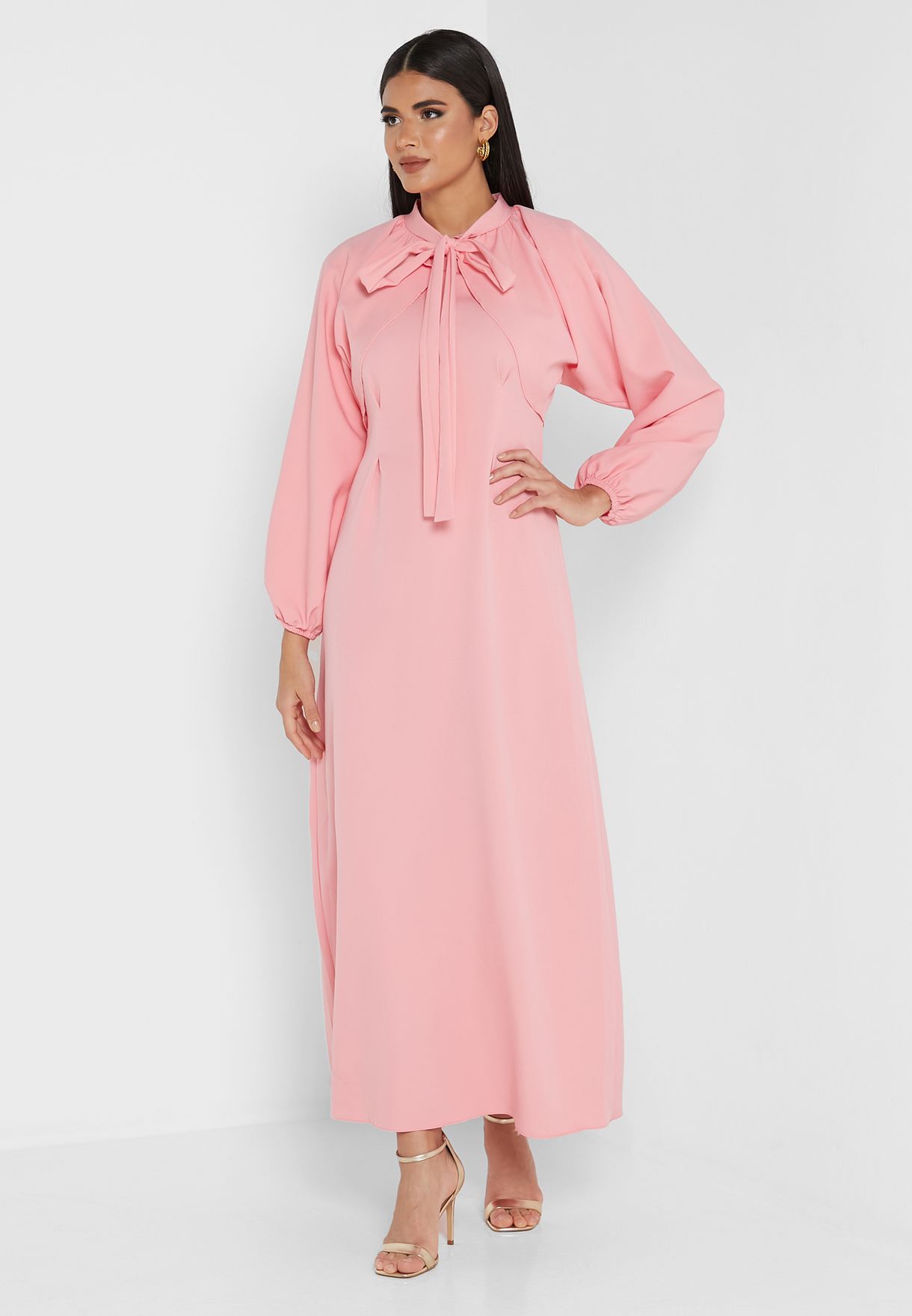 Buy Anotah pink Puff Sleeve Tie Neck Dress for Women in Dubai, Abu Dhabi