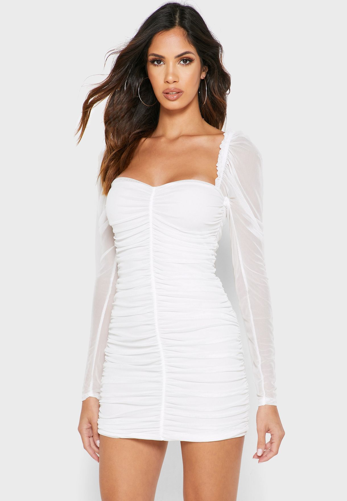 white ruched bodycon dress