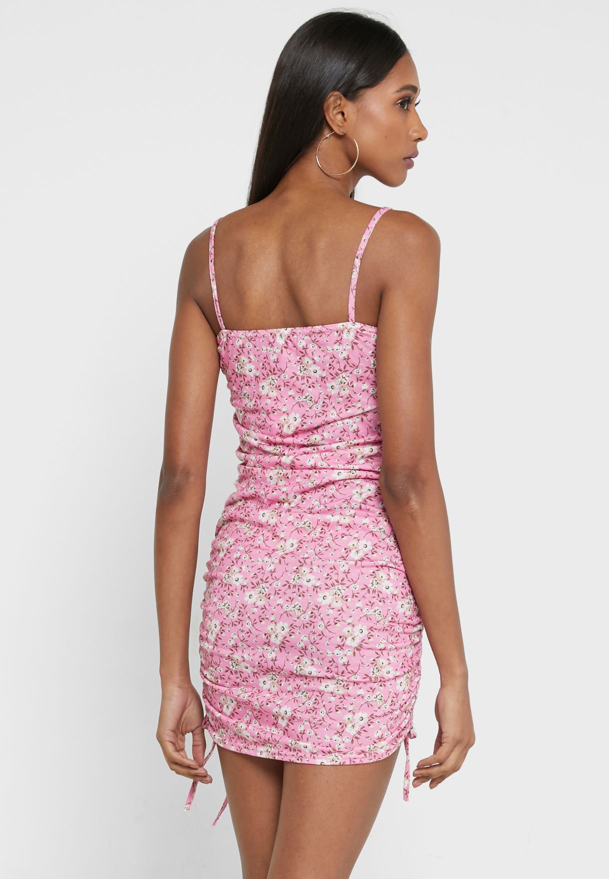 Pink Petite Ruched Side Tie Detail Floral Mini Dre