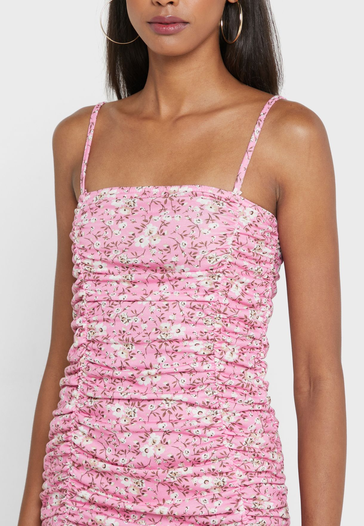 Pink Petite Ruched Side Tie Detail Floral Mini Dre